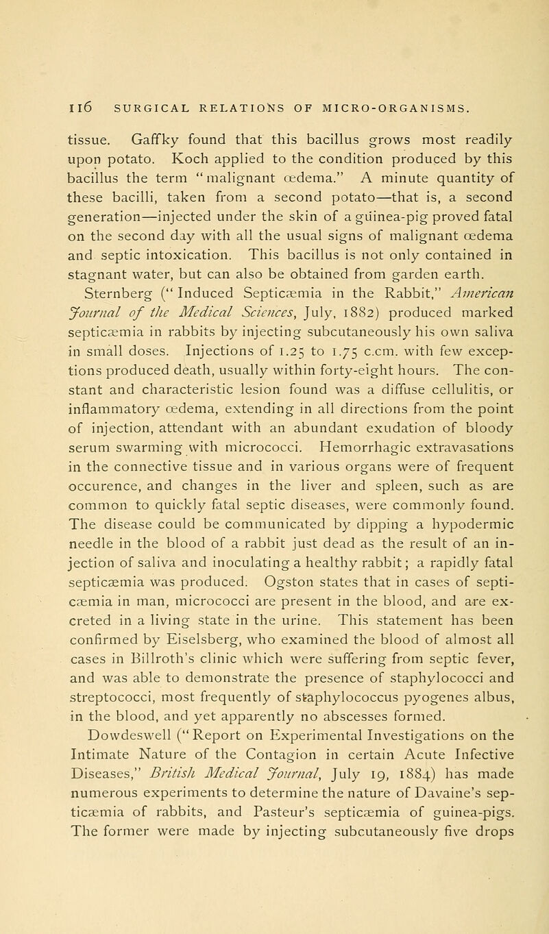 tissue. Gaffky found that this bacillus grows most readily upon potato. Koch applied to the condition produced by this bacillus the term  malignant oedema. A minute quantity of these bacilli, taken from a second potato—that is, a second generation—injected under the skin of a guinea-pig proved fatal on the second day with all the usual signs of malignant oedema and septic intoxication. This bacillus is not only contained in stagnant water, but can also be obtained from garden earth. Sternberg ( Induced Septicaemia in the Rabbit, American Journal of the Medical Sciences, July, 1882) produced marked septicsemia in rabbits by injecting subcutaneously his own saliva in small doses. Injections of 1.25 to 1.75 c.cm, with few excep- tions produced death, usually within forty-eight hours. The con- stant and characteristic lesion found was a diffuse cellulitis, or inflammatory osdema, extending in all directions from the point of injection, attendant with an abundant exudation of bloody serum swarming with micrococci. Hemorrhagic extravasations in the connective tissue and in various organs were of frequent occurence, and changes in the liver and spleen, such as are common to quickly fatal septic diseases, were commonly found. The disease could be communicated by dipping a hypodermic needle in the blood of a rabbit just dead as the result of an in- jection of saliva and inoculating a healthy rabbit; a rapidly fatal septicaemia was produced. Ogston states that in cases of septi- caemia in man, micrococci are present in the blood, and a-re ex- creted in a living state in the urine. This statement has been confirmed by Eiselsberg, who examined the blood of almost all cases in Billroth's clinic which were suffering from septic fever, and was able to demonstrate the presence of staphylococci and streptococci, most frequently of staphylococcus pyogenes albus, in the blood, and yet apparently no abscesses formed. Dowdeswell (Report on Experimental Investigations on the Intimate Nature of the Contagion in certain Acute Infective Diseases, Britisli Medical Journal, July 19, 1884) has made numerous experiments to determine the nature of Davaine's sep- ticaemia of rabbits, and Pasteur's septicaemia of guinea-pigs. The former were made by injecting subcutaneously five drops