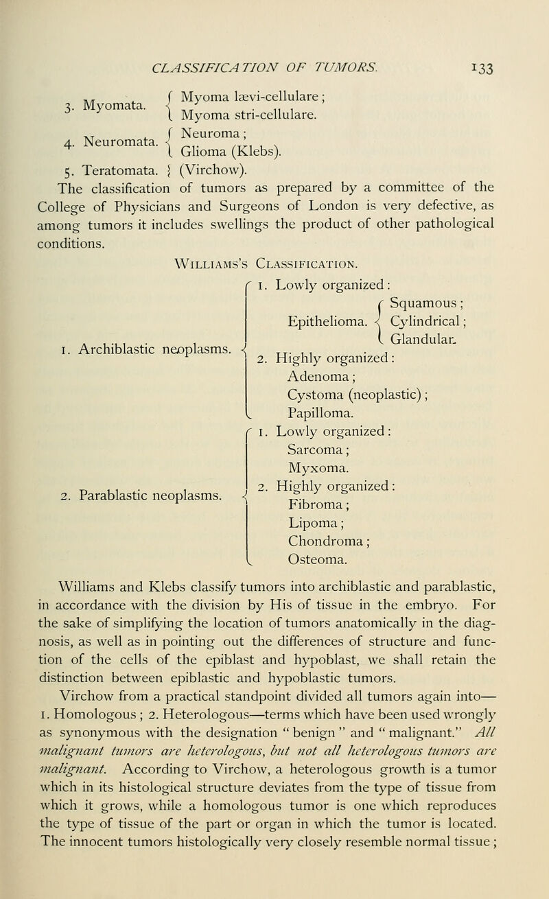 Archiblastic naoplasms. \ ,, ■' ( Myoma laevi-cellulare; 7.. Myomata. { ^/ . ,, , ( Myoma stri-cellulare. ,. ^ f Neuroma; 4. Neuromata. < ^,. ,^^, , . ^ I Glioma (Klebs). 5. Teratomata. { (Virchow). The classification of tumors as prepared by a committee of the College of Physicians and Surgeons of London is very defective, as among tumors it includes swellings the product of other pathological conditions. Williams's Classification. 1. Lowly organized: r Squamous; Epithelioma. < Cylindrical; I Glandular. 2. Highly organized: Adenoma; Cystoma (neoplastic); Papilloma. 1. Lowly organized : Sarcoma ; Myxoma. 2. Highly organized: Fibroma; Lipoma; Chondroma ; Osteoma. Williams and Klebs classify tumors into archiblastic and parablastic, in accordance with the division by His of tissue in the embryo. For the sake of simplifying the location of tumors anatomically in the diag- nosis, as well as in pointing out the differences of structure and func- tion of the cells of the epiblast and hypoblast, we shall retain the distinction between epiblastic and hypoblastic tumors. Virchow from a practical standpoint divided all tumors again into— I. Homologous ; 2. Heterologous—terms which have been used wrongly as synonymous with the designation  benign  and  malignant. A/l malignant tumors are heterologous, Intt not all heterologous tnmors are malignant. According to Virchow, a heterologous growth is a tumor which in its histological structure deviates from the type of tissue from which it grows, while a homologous tumor is one which reproduces the type of tissue of the part or organ in which the tumor is located. The innocent tumors histologically very closely resemble normal tissue; 2. Parablastic neoplasms.