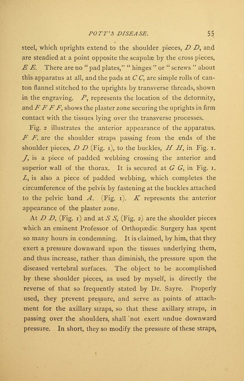 Steel, which uprights extend to the shoulder pieces, D D, and are steadied at a point opposite the scapulas by the cross pieces, £ E. There are no  pad plates,  hinges  or  screws  about this-apparatus at all, and the pads at C C, are simple rolls of can- ton flannel stitched to the uprights by transverse threads, shown in the engraving. F, represents the location of the deformity, axidFFFF, shows the plaster zone securing the uprights in firm contact with the tissues lying over the transverse processes. Fig. 2 illustrates the anterior appearance of the apparatus. F F, are the shoulder straps passing from the ends of the shoulder pieces, D D (Fig. i), to the buckles, H H, in Fig. i. y, is a piece of padded webbing crossing the anterior and superior wall of the thorax. It is secured at G G, in Fig. i. Z, is also a piece of padded webbing, which completes the circumference of the pelvis by fastening at the buckles attached to the pelvic band A. (Fig. i). A' represents the anterior appearance of the plaster zone. At Z> Z>, (Fig. i) and at 6 S, (Fig. 2) are the shoulder pieces which an eminent Professor of Orthopaedic Surgery has spent so many hours in condemning. It is claimed, by him, that they exert a pressure downward upon the tissues underlying them, and thus increase, rather than diminish, the pressure upon the diseased vertebral surfaces. The object to be accomplished by these shoulder pieces, as used by myself, is directly the reverse of that so frequently stated by Dr. Sayre. Properly used, they prevent pressure, and serve as points of attach- ment for the axillary straps, so that these axillary straps, in passing over the shoulders, shall 'not exert undue downward pressure. In short, they so modify the pressure of these straps,