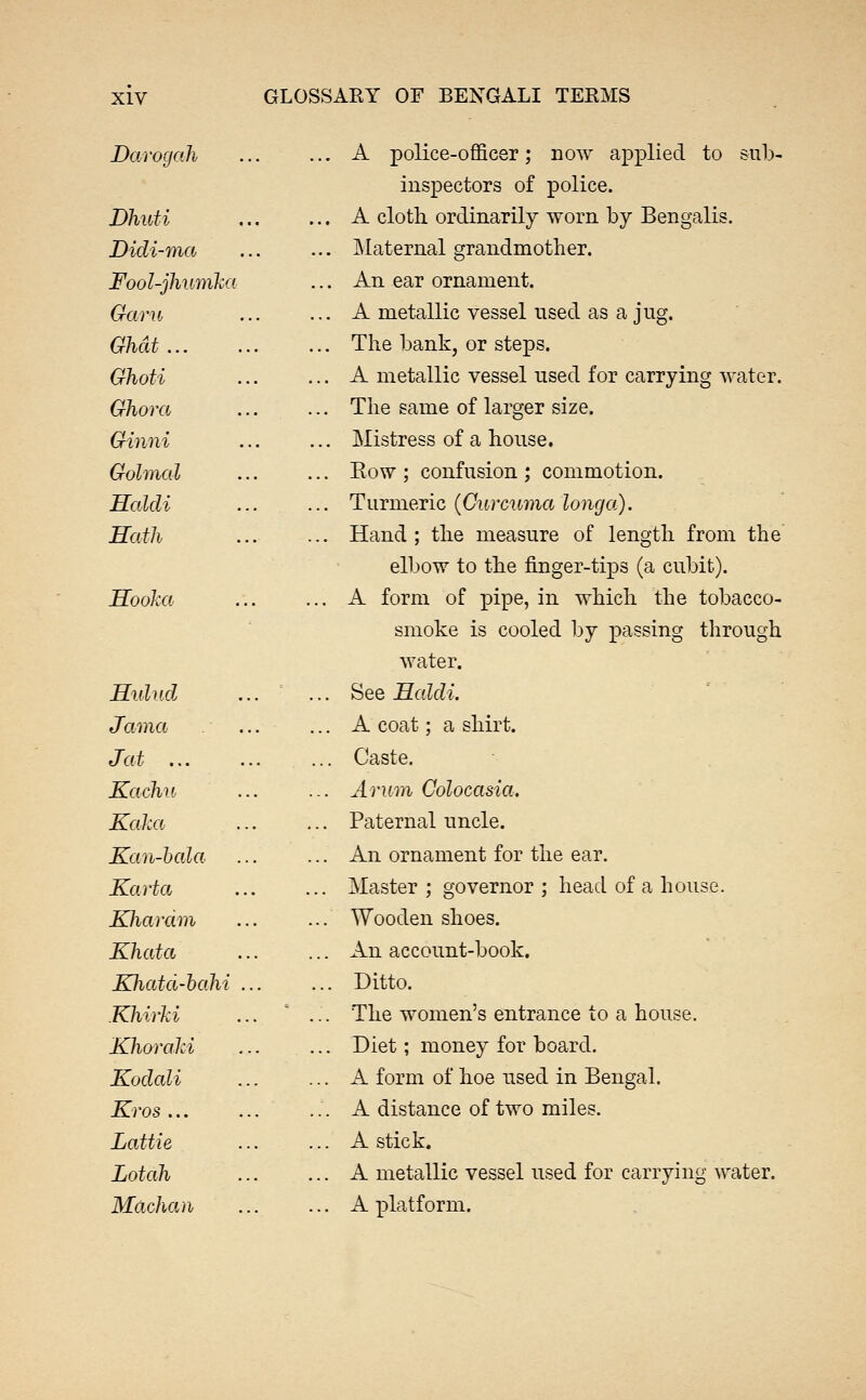 Darogah A police-officer; now applied to inspectors of police. ml> Dhuti .. A cloth, ordinarily worn by Bengalis. Didi-ma ... Maternal grandmother. Fool-jhumha ... An ear ornament. Garu .. A metallic vessel used as a jug. GMt .. The bank, or steps. Ghoti .. A metallic vessel used for carrying water. Ghora .. The same of larger size. Ginni .. Mistress of a house. Golmal .. Kow ; confusion ; commotion. Haldi .. TixTmevic {Curcuma long0^. Hath .. Hand ; the measure of length from the elbow to the finger-tips (a cubit). Hooka .. A form of pipe, in which the tobacco- smoke is cooled by passing through water. Hidud .. See Haldi. Jama .. A coat; a shirt. J at ... Caste. Kachu .. Arum Colocasia. Kaka .. Paternal uncle. Kan-hala .. An ornament for the ear. Karta .. Master ; governor ; head of a house. EJiardm .. Wooden shoes. Kliata .. An account-book. Khatd-hahi ... ... Ditto. Khirki .. The women's entrance to a house. Khoraki .. Diet; money for board. Kodali .. A form of hoe used in Bengal. Kros ... .. A distance of two miles. Lattie .. A stick. Lotah .. A metallic vessel used for carrying water. Machan .. A platform.