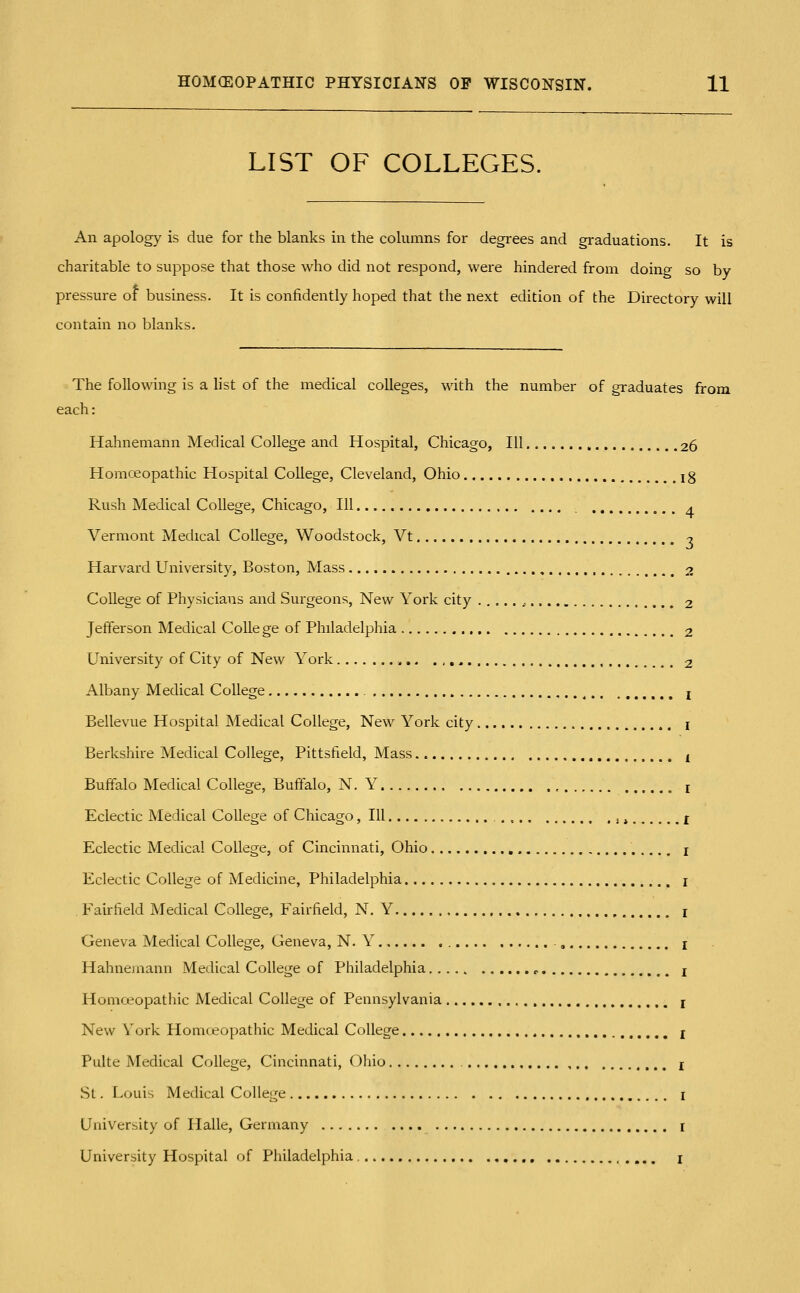 LIST OF COLLEGES. An apology is due for the blanks in the columns for degrees and graduations. It is charitable to suppose that those who did not respond, were hindered from doing so by- pressure of business. It is confidently hoped that the next edition of the Directory will contain no blanks. The following is a list of the medical colleges, with the number of graduates from each: Hahnemann Medical College and Hospital, Chicago, 111 26 Homceopathic Hospital College, Cleveland, Ohio ig Rush Medical College, Chicago, 111 > Vermont Medical College, Woodstock, Vt -7 Harvard University, Boston, Mass 2 College of Physicians and Surgeons, New York city 2 Jefferson Medical Colle ge of Philadelphia 2 University of City of New York ;... ..,.., 2 Albany Medical College ^ , Bellevue Hospital Medical College, New York city Berkshire Medical College, Pittsfield, Mass Buffalo Medical College, Buffalo, N. Y Eclectic Medical College of Chicago ,111 , . j ^..., Eclectic Medical College, of Cincinnati, Ohio Eclectic College of Medicine, Philadelphia Fairfield Medical College, Fairfield, N. Y Geneva Medical College, Geneva, N. Y ., Hahnemann Medical College of Philadelphia ^ Homceopathic Medical College of Pennsylvania New York Homceopathic Medical College Pulte Medical College, Cincinnati, Ohio St. Louis Medical College University of Halle, Germany University Hospital of Philadelphia