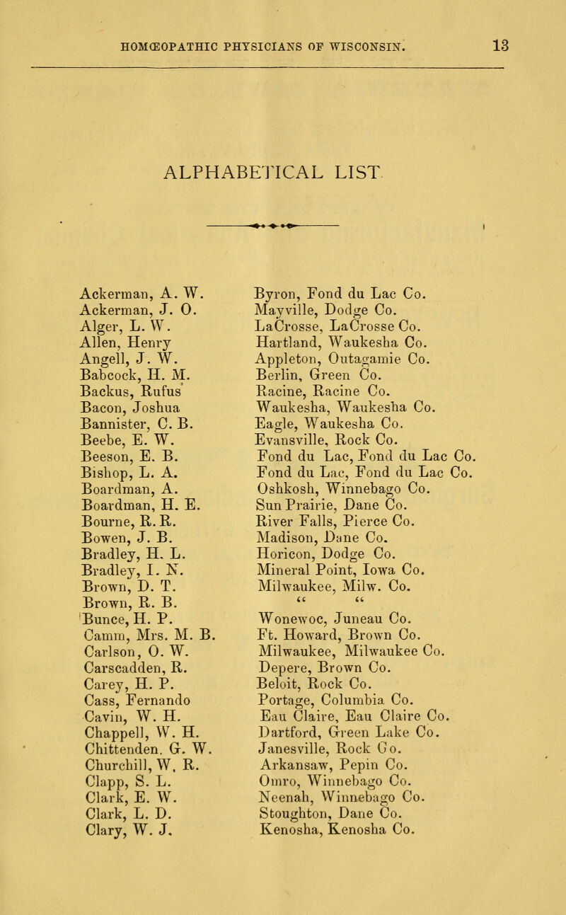 ALPHABETICAL LIST. Ackerman, A. W. Ackerman, J. 0. Alger, L. W. Allen, Henry Angell, J. W. Babcock, H. M. Backus, Rufus Bacon, Joshua Bannister, C. B. Beebe, E. W. Beeson, E. B. Bishop, L. A. Boardman, A. Boardman, H. E. Bourne, R.B. Bowen, J. B. Bradley, H. L. Bradley, I. N. Brown', D. T. Brown, R. B. Bunce, H. P. Camm, Mrs. M. B. Carlson, 0. W. Carscadden, R. Carey, H. P. Cass, Fernando Cavin, W. H. Chappell, W. H. Chittenden. G. W. Churchill, W. R. Clapp, S. L. Clark, E. W. Clark, L. D. Clary, W. J, Byron, Fond du Lac Co. Mayville, Dodge Co. LaCrosse, LaCrosse Co. Hartland, Waukesha Co. Appleton, Outagamie Co. Berlin, Green Co. Racine, Racine Co. Waukesha, Waukesha Co. Eagle, Waukesha Co. Evansville, Rock Co. Fond du Lac, Fond du Lac Co. Fond du Lac, Fond du Lac Co. Oshkosh, Winnebago Co. Sun Prairie, Dane Co. River Falls, Pierce Co. Madison, Dane Co. Horicon, Dodge Co. Mineral Point, Iowa Co. Milwaukee, Milw. Co. Wonewoc, Juneau Co. Ft. Howard, Brown Co. Milwaukee, Milwaukee Co. Depere, Brown Co. Beloit, Rock Co. Portage, Columbia Co. Eau Claire, Eau CUiire Co. Dartford, Green Lake Co. Janesville, Rock Go. Arkansaw, Pepin Co. Omro, Winnebago Co. Neenah, Winnebago Co. Stoughton, Dane Co. Kenosha, Kenosha Co.