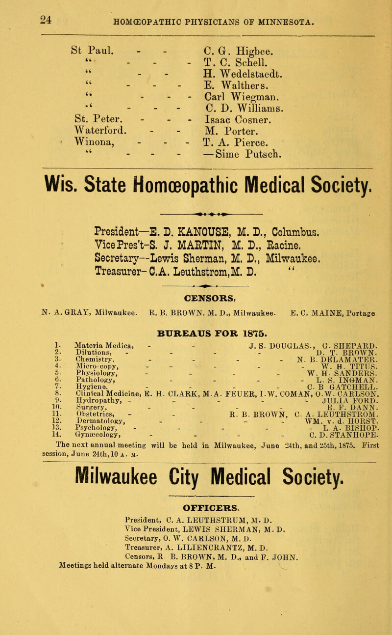 St Paul. - - C. G. Higbee. - - - T.C. Schell.  - - H. Wedelstaedt. - - - E. Walthers. '* . - _ Qarl Wiegman. •' ... C. D. Williams. St. Peter. - - . Isaac Cosner. Waterford. - - M. Porter. Winona, - - - T. A. Pierce. '' - - - — Sime Putsch. Wis. State Homoeopathic Medical Society. President—E. D. KANOUSE, M. D., Cohmbus. VicePres't-S. J. MARTIN, M. 3D., Eacine. Secretary—Lewis Sherman, M. D., Milwaukee. Treasurer- C.A. Leuthstrom,M. L. '' CENSORS, N. A. GRAY, Milwaukee. R. B. BROWN. M. D., Milwaukee. E. C. MAINE, Portage BUREAUS FOR 18T5. 1. Materia Medica, - - J.S.DOUGLAS., G. SHEPARD. 2. Dilutions, - - - - D. T. BROWN. 3. Chemistry. - - - - N. B. DELAMATER. 4. Micro copy, - - - - - W. B- TITUS. 5. Physiology, - - - - W. H- SANDERS. 6. Pathology, - - - - L- S. INGMAN- 7. Hygiene. - - - - C B GATCHELL. 8. Clinical Medicine, E. H- CLARK, M-A. FEUER, I.W. COMAN, O-W. CARLSON. 9. Hydropathy, - - - _ . JULIA FORD. 10. Surgery, - - - - E. F. DANN. 11. Obstetrics, - - R. B. BROWN, C A. LEUTHSTROM. 12. Dermatology, - - - - WM. v. d. HORST. 13. Psychology, - - - - -LA. BISHOP. 14. GyntBcology, - - - -CD. STANHOPE. The next annual meeting will be held in Milwaukee, June 24th, and 25th, 1875. First session, June 24th, 10 a.m. Milwaukee City Medical Society. OFFICERS. President, C. A. LEUTHSTRUM, M- D. Vice President, LEWIS SHERxMAN, M.D. Secretary, 0. W. CARLSON, M. D. Treasurer, A. LILIENCRANTZ, M. D. Censors, R B. BROWN, M. D., and F. JOHN. Meetings held alternate Mondays at 8 P. M.