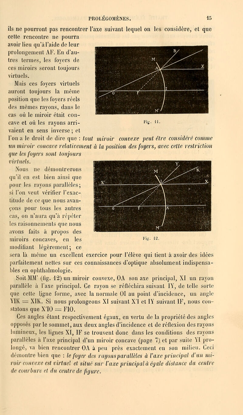 Vis. 11. ils ne pourront pas rencontrer l'axe suivant lequel on les considère, et que cette rencontre ne pourra avoir lieu qu'à l'aide de leur prolongement AF. En d'au- tres termes, les foyers de ces miroirs seront toujours virtuels. Mais ces foyers virtuels auront toujours la même position que les foyers réels des mêmes rayons, dans le cas où le miroir était con- cave et où les rayons arri- vaient en sens inverse ; et l'on a le droit de dire que : tout miroir convexe peut être considéré comme un miroir concave relativement à la position des foyers, avec cette restriction que les foyers sont toujours virtuels. Nous ne démontrerons qu'il en est bien ainsi que pour les rayons parallèles ; si l'on veut vérifier l'exac- titude de ce que nous avan- çons pour tous les autres cas, on n'aura qu'à répéter les raisonnements que nous avons faits à propos des miroirs concaves, en les modifiant légèrement; ce sera là même un excellent exercice pour l'élève qui tient à avoir des idées parfaitement nettes sur ces connaissances d'optique absolument indispensa- bles en ophthalmologie. Soit MM' (fig. 12) un miroir convexe, OA son axe principal, XI un rayon parallèle à Taxe principal. Ce rayon se réfléchira suivant IY, de telle sorte que cette ligne forme, avec la normale 01 au point d'incidence, un angle YIK = XIK. Si nous prolongeons XI suivant X'1 et IY suivant IF, nous con- statons que X'IO = F10. Ces angles étant respectivement égaux, en vertu de la propriété des angles opposés par le sommet, aux deux angles d'incidence et de réflexion des rayons lumineux, les lignes XI, IF se trouvent donc dans les conditions des rayons parallèles à l'axe principal d'un miroir concave (page 7). et par suite YI pro- longé, va bien rencontrer OA à peu près exactement en son milieu. Ceci démontre bien que : le foyer des rayons parallèles à l'axe principal d'un mi- roir convexe est virtuel et situé sur Vaxe principal à égale distance du centre de courbure et du centre de figure. Vis. 12.