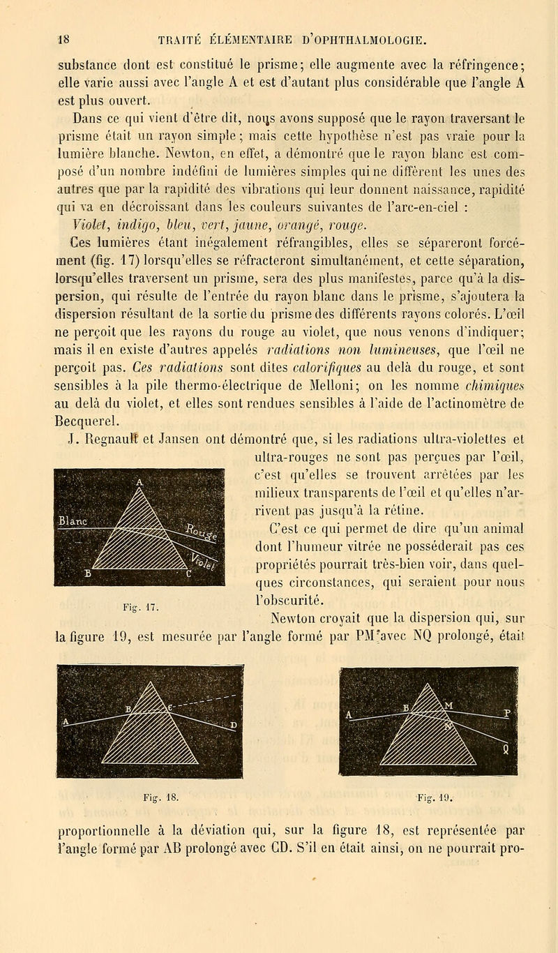 substance dont est constitué le prisme; elle augmente avec la réfringence; elle varie aussi avec l'angle À et est d'autant plus considérable que l'angle A est plus ouvert. Dans ce qui vient d'être dit, noijs avons supposé que le rayon traversant le prisme était un rayon simple ; mais cette hypothèse n'est pas vraie pour la lumière blanche. Newton, en effet, a démontré que le rayon blanc est com- posé d'un nombre indéfini de lumières simples qui ne diffèrent les unes des autres que par la rapidité des vibrations qui leur donnent naissance, rapidité qui va en décroissant dans les couleurs suivantes de l'arc-en-ciel : Violet, indigo, bleu, vert, jaune, orangé, rouge. Ces lumières étant inégalement réfrangibles, elles se sépareront forcé- ment (fig. 17) lorsqu'elles se réfracteront simultanément, et cette séparation, lorsqu'elles traversent un prisme, sera des plus manifestes, parce qu'à la dis- persion, qui résulte de l'entrée du rayon blanc dans le prisme, s'ajoutera la dispersion résultant de la sortie du prisme des différents rayons colorés. L'œil ne perçoit que les rayons du rouge au violet, que nous venons d'indiquer; mais il en existe d'autres appelés radiations non lumineuses, que l'œil ne perçoit pas. Ces radiations sont dites calorifiques au delà du rouge, et sont sensibles à la pile thermo-électrique de Melloni; on les nomme chimiques au delà du violet, et elles sont rendues sensibles à l'aide de l'actinomètre de Becquerel. J. Regnault et Jansen ont démontré que, si les radiations ultra-violettes et ultra-rouges ne sont pas perçues par l'œil, c'est qu'elles se trouvent arrêtées par les milieux transparents de l'œil et qu'elles n'ar- rivent pas jusqu'à la rétine. C'est ce qui permet de dire qu'un animal dont l'humeur vitrée ne posséderait pas ces propriétés pourrait très-bien voir, dans quel- ques circonstances, qui seraient pour nous l'obscurité. Newton croyait que la dispersion qui, sur la figure 19, est mesurée par l'angle formé par PM?avec NQ prolongé, était Fisr. 17. Fig. 18. Fi-. 19. proportionnelle à la déviation qui, sur la figure 18, est représentée par l'angle formé par AB prolongé avec CD. S'il en était ainsi, on ne pourrait pro-