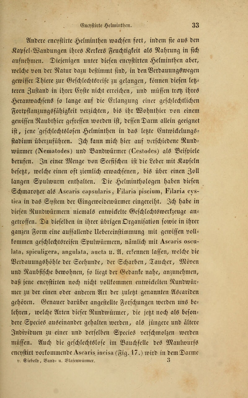 Stnbere encvjfttrte 4pe(mintl;en warfen fort, inbem fte auö ben J?apfe(=2Banbungen ir)reö Äetferö geudjtigfeit als üftar)rung in ftd) aufnehmen, diejenigen unter btefen enct)fiirten 4petmintt;en aber, welche üon ber Statur baju beftimmt ftnb, in benOSerbauungöwegen gewiffer Spiere jur ©efdjledjtSreife ju gelangen, tonnen biefen (en- teren 3uf*anb in ifjrer 6t;fte nid)t erreichen, unb muffen trcr^ ir)re6 .£)eranwad)fen3 fo fange auf bie ©rlangung einer gefd)led)tlict)en gortpflansung6fät;igfeit üerjid)ten, biö it)r 9Bot)ntf)ier t»on einem gennffen 9taubtr)ier gefreffen werben ift, beffenü)arm atiein geeignet ift, jene 'gefd)fed)t6tofen |jefmintt;en in ba6 leiste (SntwidelungS- ftabium überzuführen. 3ct) fann mict) J)ter auf t>erfd)iebene ^unb^ Würmer (Nematodes) unb 33anbwürmer (Ceslodes) a(ö Sßeifpiele berufen. 3n einer ü)tenge »on ©eeftfd)en ift bie öeber mit Äapfetn befefjt, tt)efcr)e einen oft jiemlid) erwad)fenen, bi$ über einen ßoü langen (Spulwurm enthalten. 2)ie |)e(mmrt;ofogen t}aben biefen (Scr)maro^er alö Ascaris capsularis, Filaria piscium, Filaria cys- rica in baS @t;ftem ber (Stngeweibewürmer eingereiht. 3cr) ^ahe in biefen jftuubwürmern niemals entwidefte ©cfcfyledjtswerfseuge an= getroffen. 3)a biefefben in i!;rer übrigen Drganifation fowie in it)rer ganzen gorm eine auffattenbe Uebereinftimmung mit geroiffen öoli= fomincn gefct)(ecr)tSreifen (Spulwürmern, nämlicr) mit Ascaris oscu- lata, spieuligera, angulala, aueta u. 2t. erfennen laffen, Welche bie ÜBerbauungSr)ör)(e ber <Seer)unbe, ber Scharben, £aud;er, 9SJ?öt?en unb 9iaubftfd)e bewohnen, fo Hegt ber ©ebanfe nal;e, anzunehmen, baf? jene enn;ftirten nod; nid)t twltfoinmen entmidetten 9tunbwür= mer 311 ber einen ober anberen 2lrt ber sute&t genannten SlScariben geboren, ©enauer barüber angeftettte gorfct)ungen werben unö be= lehren, wetd)e Wirten biefer 9?unbwürmer, bie jefjt nod) als befon= bere SpecieS auSeinanber gehalten werben, als jüngere unb ältere 3nbit)ibuen ju einer unb berfefben (SpecieS t>erfct)motjen werben muffen. Slud) bie gefd)fed)tS(ofe im 23aud)fetie beS Maulwurfs cnct;ftirt »orfommenbe Ascaris incisa (gig. 17.) wirb in bem2)armc B; (Stefeclb, 33anb= u. äöfafcnttürmer. 3