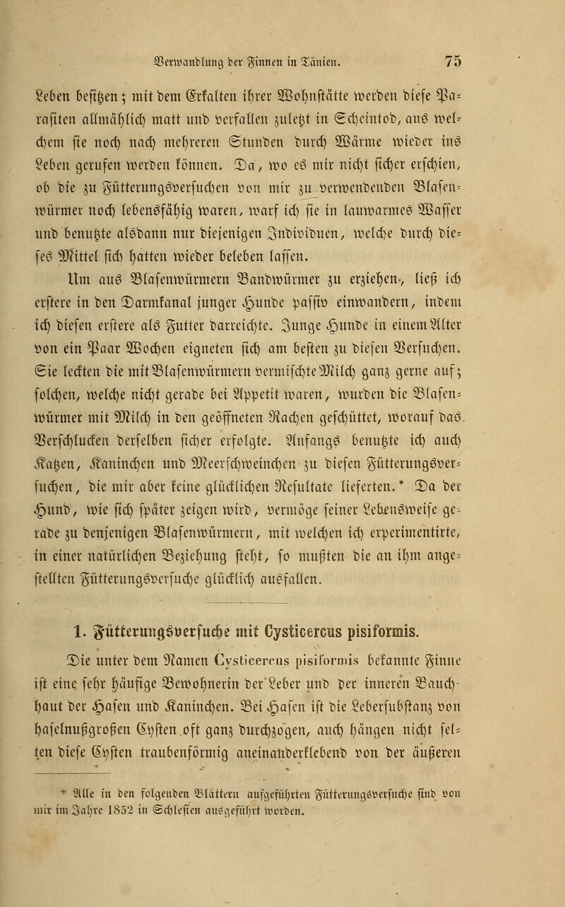 Seben beftfcen; mitbem (Srfalten ibrer SBofmftätte werben biefe tya-- rafiten aUmäf)(td) matt unb herfallen juießt in €d)etntob, auS n>el» d)em fte nod) nad) mehreren ©tunben burd) 2Bärme wieber tnö ?eben gerufen werben tonnen. 2)a, wo e6 mir nidjt ftdjer erfctjien, 06 bie $u gütteutngSöerfudjen öon mir $jt »erwcnbenben 2Mafen= Würmer nod) lebensfähig Waren, warf id) fte in lauwarmes SBaffer unb benutzte aisbann nur biejenigen Snbwtbuen, welche burd) bie= feö Wliüd ftd) Ratten wieber beieben laffen. Um au6 3Mafenwürmern SBanbwürmer $u erstehen-, ließ id) elftere in ben 2)armfanal junger £>unbe pafffo einwanbern, inbem id) biefen elftere alö $utter barreid)te. 3unge ^junbe in einem SIXter tton ein ^3aar Sßocfyen eigneten ftd) am beften ju biefen 93crfud)en. Sie ledten bie mitS3(afenwürmern »ermifd)tes)Jciid) ganj gerne auf; folgen, weid)e nidjt gerabe bei Slppetit waren, würben bie SB(afen= Würmer mit 9Jft[d) in ben geöffneten 9tad)en gefcfyüttet, worauf baö. 5Serfd)iucfen berfelben ftd)er erfolgte, anfangs benutzte id) aud) jfafcen, Äanindjen unb 9J?eeifd)weind)en 5U biefen §ütterung8»er* fud)en, bie mir aber feine glüd(id)en JRcfuttatc lieferten.* Ü)a ber ^punb, wk ftd) fpäter jeigen wirb, tiermöge feiner Sebenöweife ge- rabe ju benjenigen SSiafenmürmem, mit welchen id) ertierimentirte, in einer natürlichen 93ejier)ung fieljt, fo mußten bie an ir)m ange= ftetlten gütterung6öerfud)e glücflid) auefallen. 1. $ütterung§üerfudje mit Cysticercus pisiformis. 2)ie unter bem Tanten Cysticercus pisiformis belannte ginne ift eine fefyr r)äuftge 33ewor)nerm ber'Seber unb ber inneren 33aud)- tjaut ber £afen unb Äanind)en. Sei $a\m ift bie Seberfubftanj öon fyafelnußgroßen (Soften oft ganj burcr^ogen, and) fangen ntd)t fef= ten biefe (Soften traubenförmig aneinanbertlebenb twn ber äußeren * 9lüe in ben folgenben Q3fättern aufgeführten güttentng3öerfucf)e ftnb t>on litt im Safere 1852 in (Scfyleften auögefüfjrt tootben.