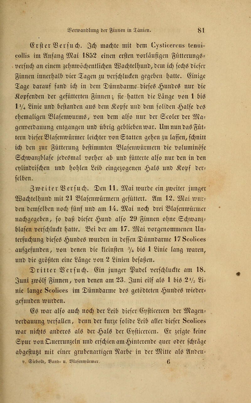 (Srfier 93erfu d). 3ct) maefyte mit bem Cysticercus tenui- collis im Slnfang SDZai 1852 einen erften vorläufigen gütterungei= verfud) an einem jer;nrDöd)entlicr)en 2Bad)telr)unb,bem id) fed)6 tiefer ginnen innerhalb vier Sagen ju üerfcfylucfen gegeben f)atte. (Sinige Sage darauf fanb ict) in bem 2)ünnbarme biefeS «jpunbeß nur bie Äopfenben ber gefütterten ginnen; fte tjatren bie Sänge von 1 biö ly4 Sinie unb beftanben auö bem $opfe unb bem foliben «Spalfe beö ehemaligen SlafemvurmS, von bem alfo nur ber ©coler ber 9Jia= genverbauung entgangen unb übrig geblieben war. Umnunba3güt= tem biefer 23lafemvürmer leichter von Statten gefeit ju laffen, fd)nitt ict) ben jur Fütterung beftimmten SBlafenvoürmern bie voluminöfe ©cfywanjfefafe jebeSmal vort)er ab unb fütterte alfo nur ben in ben ctylinbrifct)en unb l)ol)len 8eib eingebogenen ^atö unb Äovf ber= fetben. ßvoeiter 23erfud). 3)en 11. Wai würbe ein jroeiter junger $Bad)teU)imb mit 21 Slafentvürmern gefüttert. Sim 12. SJfoi nnir* ben bemfelben nod) fünf unb am 14. Sftat nod) brei SBlafenwürmer nachgegeben, fo baj? biefer «Spunb alfo 29 ginnen ot)ne Sd)ivanj= blafen verfct)tutft t)atte. S3ei ber am 17. 9J?ai vorgenommenen ltn= terfudjung biefeS «£>unbcS rourben in beffen 2)ünnbarme 17Scolices aufgefunben, von benen bie fleinften % btö 1 ßinie lang waren, unb bie größten eine Sänge von 2 Sinien befafen. dritter 9£erfud). (Sin junger *J3ubet verfd)tudte am 18. 3uni jwölf ginnen, von benen am 23. 3uni eilf ate 1 bi& 2'A Si= nie lange Scolices im 2)ünnbarme beö gelobteren ^punbeö wieber- gefunben rourben. @$ war alfo aud) noct) ber £eib biefer (£i;fticercen ber 9Jcagen= verbauung verfallen, benn ber furje folibe %tib aller biefer Scolices war nichts anbereö als ber «£jal£ ber (Styfticercen. (Sr jeigte feine ©pur vonduerrunjeln unb erfd)ienam«g>interenbe quer ober fcfyräge abgeftu|t mit einer grubenartigen sJcarbe in ber äftitte als 2lnbeu- ». @iebott>, s-8nnb= u. ÜBlnfenroüvma. 6