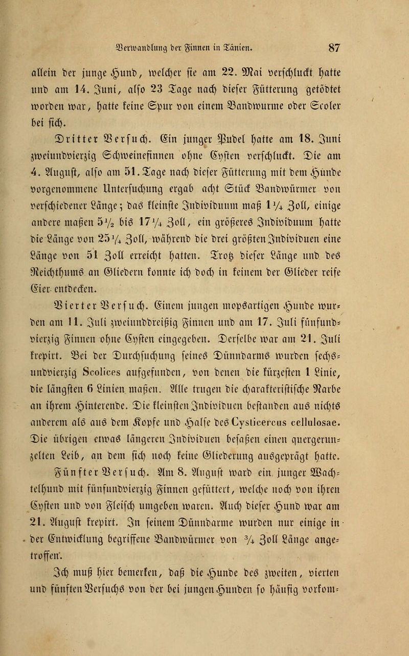 allein ber junge .fjunb, melier fte am 22. Wai üerfd)ludt r)atte unt) am 14. Sunt, a(fo 23 Sage nad) biefer gütterung gelobtet werben war, r)atte feine ©pur »on einem 23anbwurme ober ©coler bei ftd). ^Dritter SSer(uct). ©in junger *]3ubet r)atte am 18. 3unt jiüeiunbüicrjtg ©djweinefutnen ofyne Soften r>erfd)futft. 2)ie am 4. Sluguft, alfo am 51. Sage nact) biefer gütterung mit bem ,£>unbe vorgenommene Unter[ud)img ergab ad)t (Stücf 23anbwürmer tton verfcfyiebener Sänge; baö fleinfte Snbtoibuum map iy4 Soll, einige anbcre mafen 5y2 bis 17y4 3°H/ e*n gtöfereS Snbtoibuum tjatte bie Sänge von 25y4 ßotf/ war)renb bie brei größten ^nbiüibuen eine Sänge von 51 ^oU erreicht fjatten. £ro{3 biefer Sänge unb beS 9?eid)tr)um6 an ©liebern fonnte id) bod) in feinem ber ©lieber reife (Sier entbeden. Vierter QSerfud). hinein jungen mopSarttgen ^unbe wur* ben am 11. 3ult $wetttnbbrei£itg ginnen unb am 17. 3uli finifunb* »terjtg ginnen ot)ne Soften eingegeben. SDerfelbe war am 21. 3utt frepirt. 33ei ber 3)urd)fud)ung feineö 2)ünnbatnt6 würben fed)3= nnboierjig Scolices aufgefitnben, Ton benen bie fürjeften 1 Sinie, bie längften 6 Stuten mafüen. Stile trugen bie djarafterifiifdje 9?arbe an tr)rem ^interenbe. 2)tefletnften3nbwibucn beftanben auö nid)tö anberem als auö bem Äopfe unb t£jalfe beS Cysticercus cellulosae. 2)ie übrigen etwaö längeren 3nbhribuen befapen einen quergerun* gelten Seib, an bem ftd) noct) feine ©lieberung ausgeprägt fyatk. günfter 93erfud). §lm 8. Sluguft warb ein junger 2Bad)= telfjunb mit fünfunböierjtg ginnen gefüttert, wddje noc& »ort tt)vcn (Soften unb öon gleifd) umgeben waren. 9lud) biefer <£junb war am 21. Shtgujl frepirt. 3n feinem 2)ünnbarme würben nur einige in ber ©ntwidlung begriffene SSanbwürmer »on 3/4 3oö Sänge ange* troffen'. 3dj muf t)ier bemerfen, baß bie ^unbe beS jweiten, öierten unb fünften 93erfud)S üon ber bei jungen ^unben fo fyäuftg öorfom*