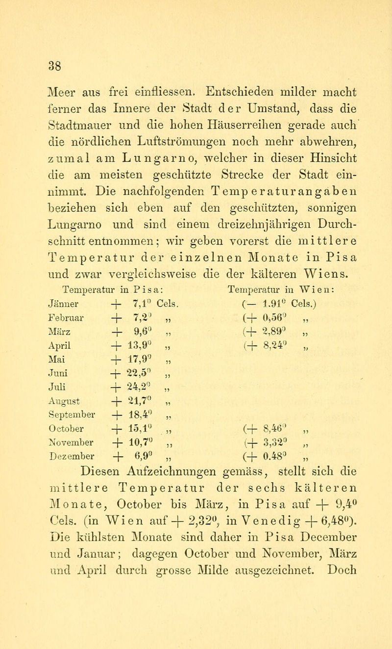 Meer aus frei einfliessen. Entschieden milder macht ferner das Innere der Stadt der Umstand, dass die Stadtmauer und die hohen Häuserreihen gerade auch die nördlichen Luftströmungen noch mehr abwehren, zumal am Lungarno, welcher in dieser Hinsicht die am meisten geschützte Strecke der Stadt ein- nimmt. Die nachfolgenden Temperaturangaben beziehen sich eben auf den geschützten, sonnigen Lungarno und sind einem dreizehnjährigen Durch- schnitt entnommen; wir geben vorerst die mittlere Temperatur der einzelnen Monate in Pisa und zwar vergleichsweise die der kälteren Wiens. Temperatur in Pisa: Temperatur iu Wien: (— iM^ Cels.) (+ 0-,56^ „ (+ 2,89=^ „ (+ 8,24« „ Jänner + 7,1 Cels. Februar + v,2^ ?5 März 4- 9,6^^ 1t April -f 13,9'^ ?5 Mai + 17,9'^ 5? Juni + 22,5^ 5) JuU 4- 24,2« 5? August + 21,7« 11 September + 18,4'^ 5? October + 15,1'> 51 November -f 10,7'^ 55 Dezember -f 6,9« 55 (+ 8,46^' „ {-f 3,32« „ (4- 0.48« „ Diesen Aufzeichnungen gemäss, stellt sich die mittlere Temperatur der sechs kälteren Monate, October bis März, in Pisa auf -\- 9,4*^ Cels. (in Wien auf-f 2,32^ in Venedig + 6,48^0- Die kühlsten Monate sind daher in Pisa December und Januar; dagegen October und November, März und April durch grosse Milde ausgezeichnet. Doch