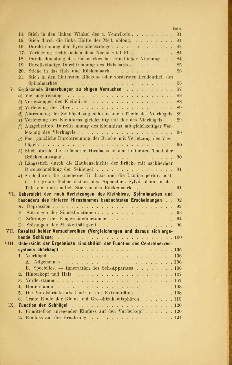 14. Stich in den linkon Winkel des 4. Vontrikols 81 15. Stich durch die linke Hälfte der Med. oblong 81 16. Durchtrennung der Pyramidenstränge • 82 17. Verletzung rechts neben dem Noeud vital Fl 84 18. Durchschiieidung des Ilalsmarkes bei künstlicher Athmung ... 84 19. Unvollständige Uurchtrennung des Halsmarkes 85 20. Stiche in das Hals und Rückenmark 8G 21. Stich in den hintersten Rücken- oder vordersten Lendentheil des Spinalmarkes 86 Y. Ergänzende Bemerkungen zu obigen Versuchen 87 a) Vierhügelreizung 88 b) Verletzungen des Kleinhirns 88 c) Verletzung der Olive 89 d) Abtrennung der Sehhügel zugleich mit einem Theile des Vierhügels 89 e) Verletzung des Kleinhirns gleichzeitig mit der des Vierhügels . . 89 f) Ausgebreitete Durchtrennung des Kleinhirns mit gleichzeitiger Ver- letzung des Vierhügels 90 g) Fast gänzliche Durchtrennung der Brücke mit Verletzung des Vier- hügels 90 h) Stich durch die knöcherne Hirnbasis in den hintersten Theil der Brückeusubstanz 90 i) Läugsstich dui'ch die Haubenschichte der Brücke mit nachheriger Durchschneidung der Sehhügel 91 k) Stich durch die knöcherne Hirnbasis und die Lamina perfor. post. in die graue Bodensubstanz des Aquaeduct. Sylvii, dann in das Tub. ein. und endlich Stich in das Rückenmark 91 VI. Uebersicht der nach Verletzungen des Kleinhirns, Sptnalmarkes und besonders des hinteren Hirnstammes beobachteten Erscheinungen . . 92 A. Depression 92 B. Störungen der Sinnesfunctionen 93 C. Störungen der Eingeweidefunetionen 94 D. Störungen der Muskelthätigkeit 96 vn. Resultat beider Versuchsreihen (Vergleichungen und daraus sich erge- bende Schlüsse) 100 VHI. Uebersicht der Ergebnisse hinsichtlich der Function des Centralnerven- systems überhaupt 105 1. Vierhügel 106 A. Allgemeines . 106 B. Specielles. — Innervation des Seh-Apparates 106 2. Hinterkopf und Hals 107 3. Vorderstamm 107 4. Hinterstamm 108 5. Die Varolsbrücke als Centrum der Extremitäten ......... 108 6. Graue Rinde der Klein- und Grosshirnhemisphären 118 IX. Function der Sehhügel . 120 1. Unmittelbar anregender Einfluss auf den Vorderkopf 120 2. Einfluss auf die Ernährung 121