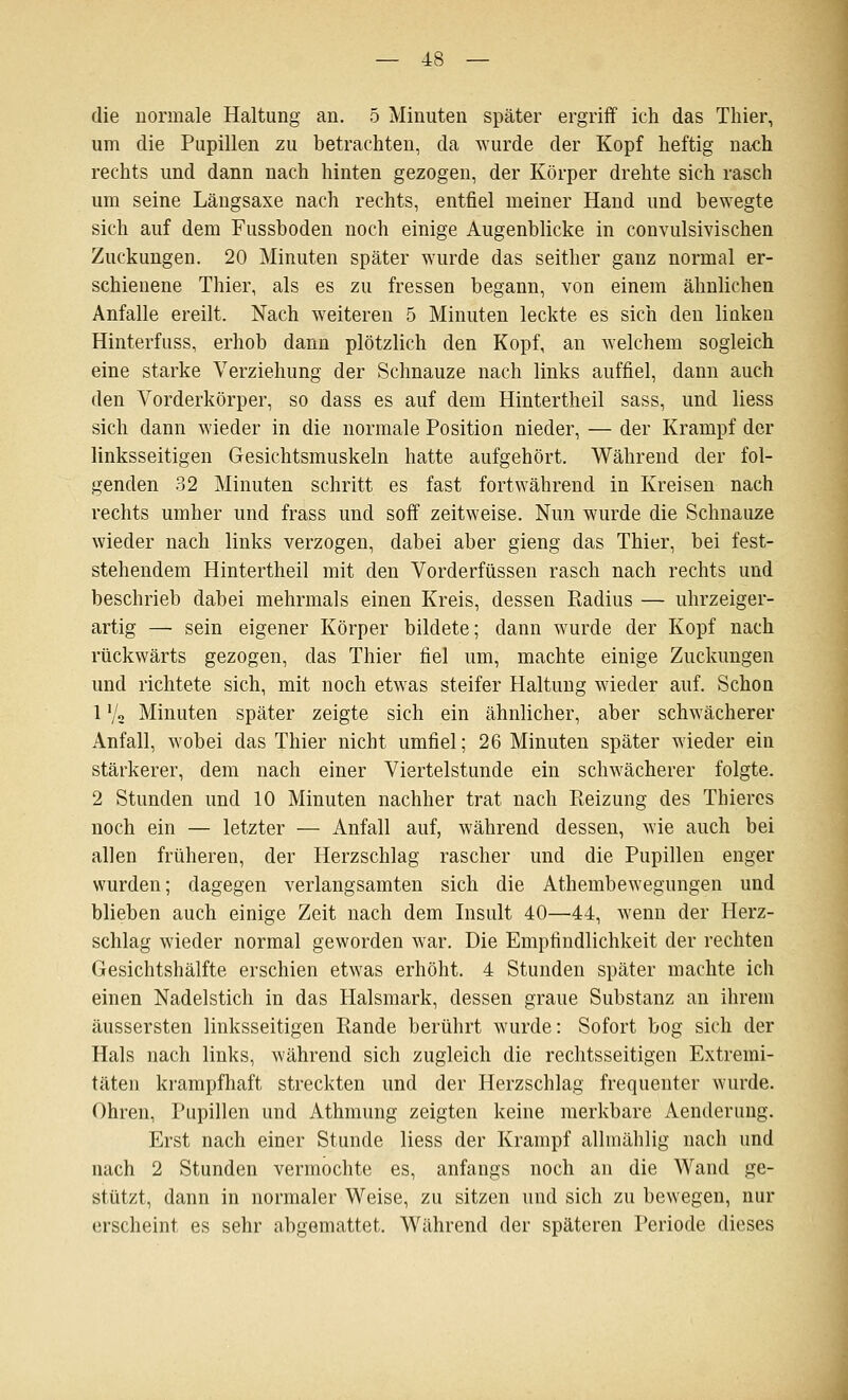 die normale Haltung an. 5 Minuten später ergriff ich das Tliier, um die Pupillen zu betrachten, da wurde der Kopf heftig nach rechts und dann nach hinten gezogen, der Körper drehte sich rasch um seine Längsaxe nach rechts, entfiel meiner Hand und bewegte sich auf dem Fussboden noch einige Augenblicke in convulsivischen Zuckungen. 20 Minuten später wurde das seither ganz normal er- schienene Thier, als es zu fressen begann, von einem ähnlichen Anfalle ereilt. Nach weiteren 5 Minuten leckte es sich den linken Hinterfuss, erhob dann plötzlich den Kopf, an welchem sogleich eine starke Verziehung der Schnauze nach links auffiel, dann auch den Vorderkörper, so dass es auf dem Hintertheil sass, und Hess sich dann wieder in die normale Position nieder, — der Krampf der linksseitigen Gesichtsmuskeln hatte aufgehört. Während der fol- genden 32 Minuten schritt es fast fortwährend in Kreisen nach rechts umher und frass und soff zeitweise. Nun wurde die Schnauze wieder nach links verzogen, dabei aber gieng das Thier, bei fest- stehendem Hintertheil mit den Vorderfüssen rasch nach rechts und beschrieb dabei mehrmals einen Kreis, dessen Radius — uhrzeiger- artig — sein eigener Körper bildete; dann wurde der Kopf nach rückwärts gezogen, das Thier fiel um, machte einige Zuckungen und richtete sich, mit noch etwas steifer Haltung wieder auf. Schon 1 Va Minuten später zeigte sich ein ähnlicher, aber schwächerer Anfall, wobei das Thier nicht umfiel; 26 Minuten später wieder ein stärkerer, dem nach einer Viertelstunde ein schwächerer folgte. 2 Stunden und 10 Minuten nachher trat nach Reizung des Thiercs noch ein — letzter — Anfall auf, während dessen, wie auch bei allen früheren, der Herzschlag rascher und die Pupillen enger wurden; dagegen verlangsamten sich die Athembewegungen und blieben auch einige Zeit nach dem Insult 40—44, wenn der Herz- schlag wieder normal geworden war. Die Empfindlichkeit der rechten Gesichtshälfte erschien etwas erhöht. 4 Stunden später machte ich einen Nadelstich in das Halsmark, dessen graue Substanz an ihrem äussersten linksseitigen Rande berührt wurde: Sofort bog sich der Hals nach links, während sich zugleich die rechtsseitigen Extremi- täten krampfhaft streckten und der Herzschlag frequenter wurde. Ohren, Pupillen und Athmung zeigten keine merkbare Aenderung. Erst nach einer Stunde Hess der Krampf allniählig nach und nach 2 Stunden vermochte es, anfangs noch an die Wand ge- stützt, dann in normaler Weise, zu sitzen und sich zu bewegen, nur erscheint es sehr abgemattet. Während der späteren Periode dieses