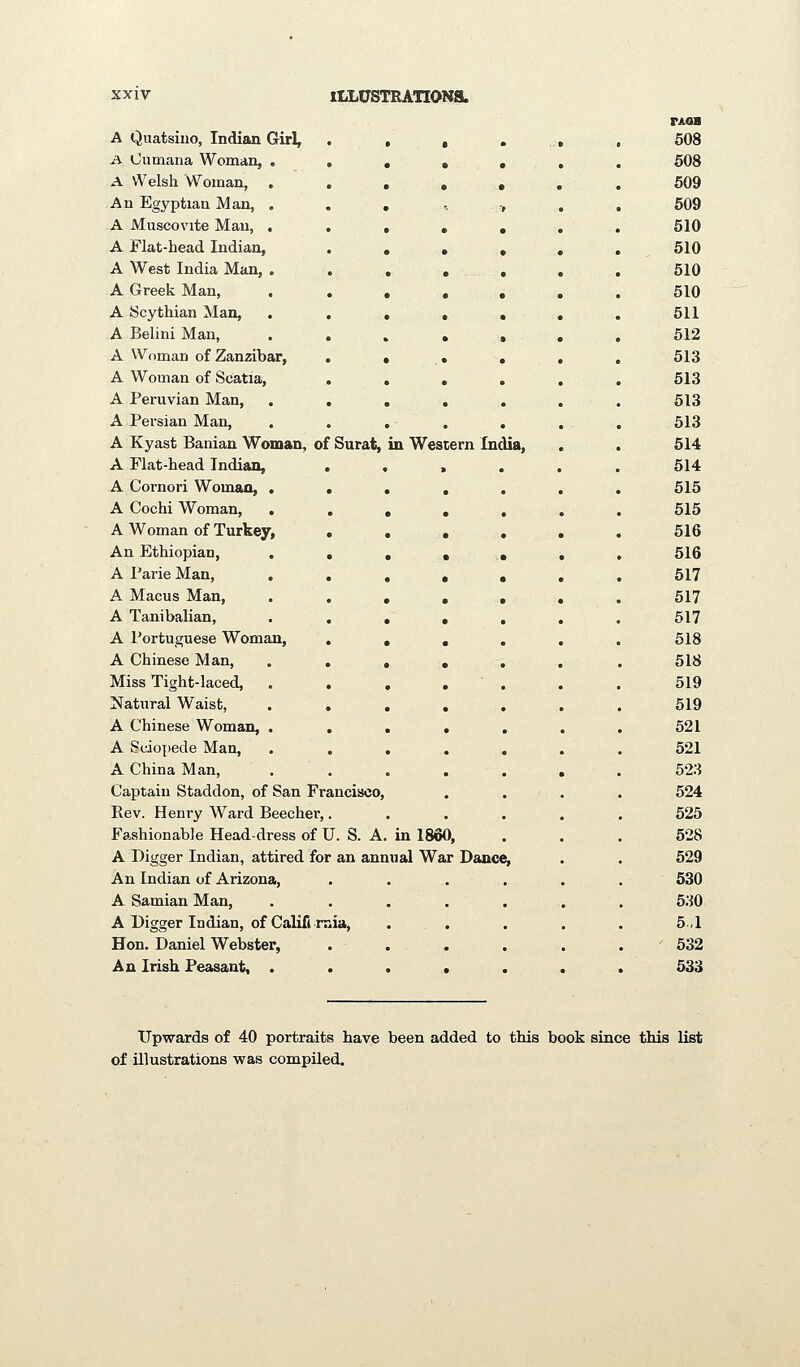 A Quatsiuo, Indian Girl, A Oumana Woman, A Welsh Woman, An Egyptian Man, A Muscovite Man, A Flat-head Indian, A West India Man, A Greek Man, A Scythian Man, A Belini Man, A Woman of Zanzibar, A Woman of Scatia, A Peruvian Man, A Persian Man, A Kyast Banian Woman, of Surat, in Western India, A Flat-head Indian, A Cornori Woman, . A Cochi Woman, . A Woman of Turkey, An Ethiopian, . A Parie Man, , A Macus Man, A Tanibalian, A Portuguese Woman, A Chinese Man, Miss Tight-laced, Natural Waist, A Chinese Woman, . A Sciopede Man, A China Man, Captain Staddon, of San Francisco, Rev. Henry Ward Beecher,. Fashionable Head-dress of U. S. A. in 1860, A Digger Indian, attired for an annual War Dance, An Indian of Arizona, A Samian Man, A Digger Indian, of Califiraia, Hon. Daniel Webster, An Irish Peasant, . rxoB 508 508 609 509 510 510 510 510 511 612 513 513 613 513 514 514 515 515 516 516 517 517 517 518 518 519 519 521 521 523 524 525 628 629 530 530 5,1 532 533 Upwards of 40 portraits have been added to this book since this list of illustrations was compiled.