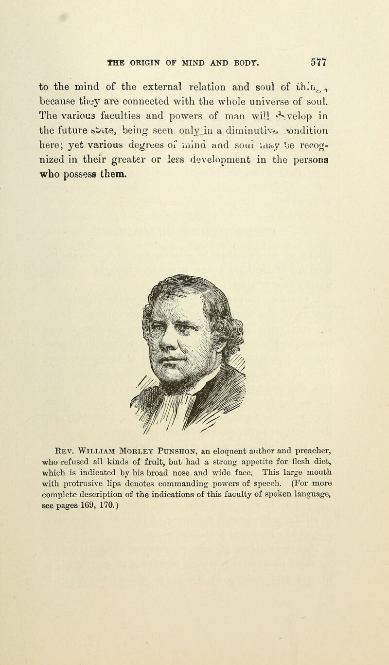 to the mind of the external relation and soul of Ih^ri^^ because thyy are connected with the whole universe of soul. The various faculties and powers of man will 'Svelop in the future &tdte, being seen only in a diminutive, .wndition here; yet various degrees of luind and soui may '-je recog- nized in their greater or lefs development in the persoaa who possess them. Rev. William Morlet Punshon, an eloquent author and preacher, who refused all kinds of fruit, but had a strong appetite for flesh diet, which is indicated by his broad nose and wide face. This large mouth with protrusive lips denotes commanding powers of speech. (For more complete description of the indications of this faculty of spoken language, see pages 169, 170.)