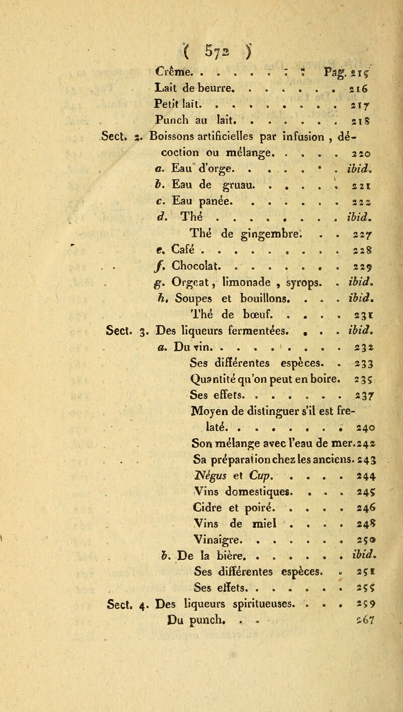 Creme : : ? Pag. sif Lait debeurre. . . . . . . 216 Petit lait 2*7 Punch au lait 21S Sect. 3. Boissons artificielles par infusion , de- coction ou melange. .... 220 0. Eau d'orge. . ...... ibid. b. Eau de gruau 221 c. Eau panee . 222 d. The ibid. The* de gingembre. . . 227 e. Cafe* . 228 /. Chocolat. . . . . . • . 229 g. Orgeat, limonade , syrops. . ibid. h, Soupes et bouillons. . . . ibid. The de boenf. . . . . 231 Sect. 3. Des liqueurs ferment^es. , . . ibid. a. Duvin ■ . . . . 232 $es diflerentes especes. . 233 Quanlitequ'onpeutenboire. 23? Ses effets 237 Moyen de distinguer s'il est (re- late* • 240 Son melange avec I'eau de mer.242 Sa preparationchez les anciens. 243 JSMgus et Cup 244 Vins domestiques. . . . 245 Cidre et poire\ .... 246 Vins de miei . . .; . 24$ Vinaigre . 250 h, De la biere . ibid. Ses differentes especes. . 251 Ses eifets. ...... 255 Sect. 4. Des liqueurs spiritueuses. . . • 259 Du punch. . . s67