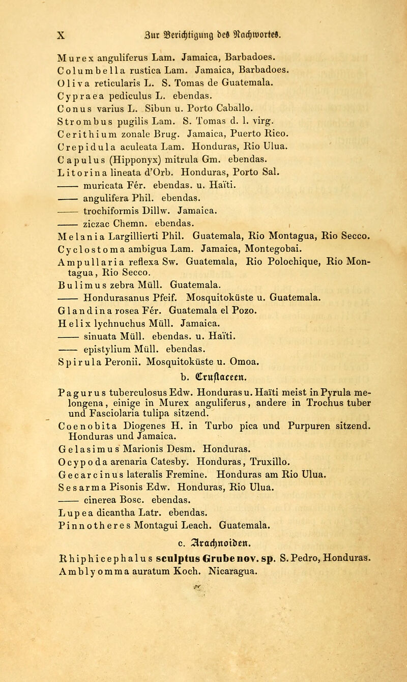 Murex anguliferus Lam. Jamaica, Barbadoes. C o 1 u m b e 11 a rustica Lam. Jamaica, Barbadoes. ü 1 i V a reticularis L. S. Tomas de Guatemala. Cypraea pediculus L. ebendas. Conus varius L. Sibun u. Porto Caballo. Strombus pugilis Lam. S. Tomas d. 1. virg. Cerithium zonale Brug. Jamaica, Puerto Rico. Crepidula aculeata Lam. Honduras, Rio Ulua. Capulus (Hipponyx) mitrula Gm. ebendas. L i 10 r i n a lineata d'Orb. Honduras, Porto Sal. muricata Fer. ebendas. u. Haiti. angulifera Phil, ebendas. trochiformis Dillw. Jamaica. ziczac Chemn. ebendas. M e 1 a n i a Largillierti Phil. Guatemala, Rio Montagua, Rio Secco. Cyclostoma ambigua Lam. Jamaica, Montegobai. Ampullaria reflexa Sw. Guatemala, Rio Polochique, Rio Mon- tagua, Rio Secco. B u 1 i m u s zebra Müll. Guatemala. Hondurasanus Pfeif. Mosquitoküste u. Guatemala. G1 a n d i n a rosea Fer. Guatemala el Pozo. Helix lychnuchus Müll. Jamaica. sinuata Müll, ebendas. u. Haiti. epistyliura Müll, ebendas. Spirula Peronii. Mosquitoküste u. Oraoa. b. €mfiacctn. Pagurus tuberculosus Edw. Hondurasu.Haiti meist inPyrula me- longena, einige in Murex anguliferus, andere in Trochus tuber und Fasciolaria tulipa sitzend. Coenobita Diogenes H. in Turbo pica und Purpuren sitzend. Honduras und Jamaica. G e 1 a s i m u s Marionis Desm. Honduras. O c y p 0 d a arenaria Catesby. Honduras, Truxillo. Gecarcinus lateralis Fremine. Honduras am Rio Ulua. Sesarma Pisonis Edw. Honduras, Rio Ulua. cinerea Bosc. ebendas. L u p e a dicantha Latr. ebendas. Pinnotheres Montagui Leach. Guatemala. Rhiphicephalus sculptus Grube nov. sp. S. Pedro, Honduras. Amblyomma auratum Koch. Nicaragua.