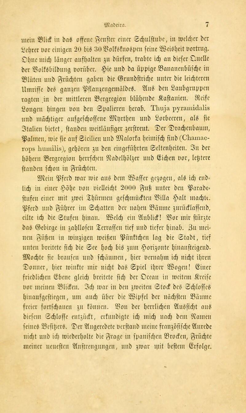 inciii ©lief in bae offene >>-cnftcu einer S^ulftnbe, in lueld)ei- ber \^cE)rer Dor einigen 20 bi^ oOS^oIfefnoepen feine 5fi>eie[)cit nortvng. D[)ne luid) länger anf()altcn jn bürfen, trabte lä) an biefer Cluelle ber 5?o[febi[bnni3 norüber. §ie nnb ba üppige ©annncnbüfd^e in Saluten nnb grüdjten gaben bie ©rnnbftridje nntcr bie leichteren Umriffe bc? ganzen ^Nflan^engemälbe^. 5ln§ ben ßanbgruppen ragten .in ber mittleren SBergregion biri()enbe taftanien. Oreifc öongcn dingen bon ben Spalieren [)erab. Thuja pyramidalis nnb niäditiger anfgefc^offene ?Jil)rt()en nnb Lorbeeren, a(9 fte Stauen bietet, [tanben meitlänfiger jerftrent. 5)er ©rac^enbaum, ^almen, roie fie anf Sicilicn nnb ?3ia[orfa (jeiniifc^ finb (Chamae- rops humilis), gehören ^n ben eingefütjrten (Seltenheiten. 3n ber Ööl)ern S5ergregion ^ervfdjen 9uibell)öl3er nnb (Sid)en nor, le^tere ftanben fd)on in giiic^ten. SDleiii ^^ferb mar itjie ans bem S\saffer gebogen, al^ id} cnb= lid) in einer $öl)c non inetleid)t 2000 g-nfe nnter ben ^ntrabe» ftnfen einer mit ^tnei Stürmen gcfc^niücften S?iQa ^^'»alt maci^tt. ^ferb nnb ^-üdrer im @d)atten ber naljen S^änme jnrüdlaffenb, eilte ic^ bie Stnfen l)inan. Sßelc^ ein Slnblic!! 55ür mir ftiirjtc bai' ©ebirge in ja^llofen ^erraffen tief nnb tiefer ^inab. 3ii niei» iten ^n^tn in lüin^igen weisen ^iinftdjen lag bie Stabt, tief nnten breitete fic^ bie ®ee ^oc^ big ^nm l^ori^onte ^inanfteigenb. SJloc^te fie branfen nnb fd^änmen, l)ier Liernaljm id) nid)t itjren ■i!)onner, ^iev tüinfte mir nidjt ha^ Spiel i^rer ^ogcn! ßiner frieblic^en (Sbcne glcid) breitete fid) ber Ocean in mcitem Greife nor meinen Soliden. 3d) luar in ben jiueiten Stocf besi Sc^loffeö [)inanfgcftiegen, nm and) über bie SSipfcl ber nädjftcn 5Bänmc freier fortfd)anen jn tonnen, äson ber l)errlid)en 3(nefid)t anei biefem '2d)loffe ent'^ücft, crfnnbigtc id) mic^ nad) bem 9iamen feineö Söcfiljere. ®cr 5lngerebete Derftanb meine franjöfifdje 5lnrcbe nid)t nnb id) tüiebcrl)oIte bie ^-rage in fpanifd)cn 33rorfcn, ^-rüc^te meiner neneften 5lnftrengnngen, nnb ^luar niit bcftem Grfolge.