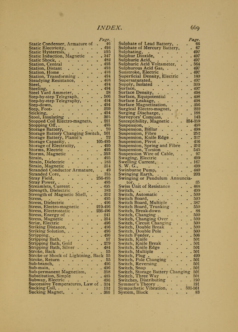 Page., Static Condenser, Armature of . 4G Static Electricity, .... 493 Static Hysteresis, .... ii95 Static Induction, Magnetic . . 347 Static Shock, ..... 482 Station, Central . . . .493 Station, Distant .... 493 Station, Home 4!)3 Station, Transforming . . . 494 Steadying Resistance, . . . 4(58 Steel .494 Steeling, 494 Steel Yard Ammeter, ... 28 Step-by-step Telegraph, . . . 506 Step-by-step Telegraphy, . . 494 Step-down, 494 Step, Foot- 259 Sticking, 494 Stool, Insulating .... 305 Stopped Coil Electro-magnets, . 221 Stopping Off, 495 Storage Battery, . , . .70 Storage Battery Changing Switch, 591 Storage Battery, Plante's . 72 Storage Capacity, . , . 105-495 Storage of Electricity, . . 495 Storms, Electric . Storms, Magnetic Strain, .... Strain, Dielectric Strain, Magnetic . Stranded Conductor Armature Stranded Core, Stray Field, Stray Power, . . . , Streamlets, Current . Strength, Dielectric Strength of Magnetic Shell, Stress, .... Stress, Dielectric Stress, Electro-magnetic Stress, Electrostatic . Stress, Energy of . Stress, Magnetic Striae, Electric Striking Distance, Striking Solution, . Stripping Stripping Bath, Stripping Bath, Gold Stripping Bath, Silver . Stroke, Back Stroke or Shock of Lightning, Stroke, Return . Sub-branch, Sub-main, .... Sub-permanent Magnetism, Substitution, Simple Subway, Electric .... Successive Temperatures, Law of Sucking Coil, Sucking Magnet, . 495 . 353 . 493 . 183 . 354 ; 49 155 256-495 . 495 . 495 . 183 . 352 . 495 . 496 219-496 236-496 . 241 . 354 . 496 . 496 . 496 . 496 57 . 279 . 484 55 55 55 496 496 358 485 496 324 132 366 Back Page. Sulphate of Lead Battery, . . 66 Sulphate of Mercury Battery, . 67 Sulphating, 497 Sulphur Dioxide, .... 497 Sulphuric Acid, .... 497 Sulphuric Acid Voltameter, . . 564 Sulphurous Acid Gas, . . . 497 Sunstroke, Electric .... 497 Superficial Density, Electric . 180 Supersaturated, .... 497 Supply, Isolated .... 309 Surface, 497 Surface Density, .... 498 Surface, Equipotential . . . 498 Surface Leakage, .... 498 Surface Magnetization, . . . 356 Surgical Electro-magnet, . . 222 Surging Discharge, .... 188 Surveyors' Compass, . . . 143 Susceptibility, Magnetic . . 354-359 Suspension, 498 Suspension, Bifilar .... 498 Suspension, Fibre . . . 252 Suspension, Knife Edge . . . 317 Suspension, Pivot .... 416 Suspension, Spring and Fibre . 252 Suspension, Torsion . . . 545 Suspension Wire of Cable, . . 97 Swaging, Electric . . . 499 Swelling Current, .... 167 S. W. G., 499 Swinburne Pump, .... 440 Swinging Earth, .... 203 Swinging or Pendulum Annuncia- tor, . 35 Swiss IJnit of Resistance . . 468 Switch, 499 Switch, Automatic .... 500 Switch Board, .... 509 Switch Board, Multiple . . .387 Switch Board, Trunking . . 550 Switch, Break-down . . .88 Switch, Changing .... 500 Switch, Changing Over . . . 500 Switch, Circuit Changing . '. 500 Switch, Double Break . . .500 Switch, Double Pole . . . 500 Switch Feeder, 500 Switch, Knife . , .501 Switch, Knife Break , . .501 Switch, Knife Edge . . .501 Switch, Multiple . . . .501 Switch, Plug 420 Switch, Pole Changing . . . 501 Switch, Reversing . . . 501 Switch, Snap 501 Switch, Storage Battery Changing 501 Switch, Three Way . . .501 Switches, Distributing . . . 190 Symmer's Theory .... 191 Sympathetic Vibration, . . 501-561 System, Block .... 83