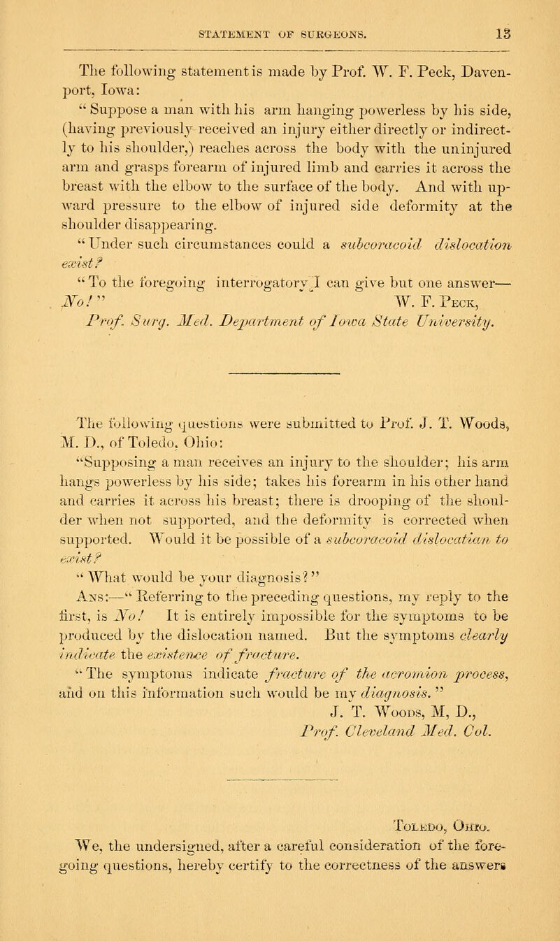 The following statement is made by Prof. W. F. Peck, Daven- port, Iowa:  Suppose a man with liis arm hanging powerless by his side, (having previously received an injury either directly or indirect- ly to his shoulder,) reaches across the body with the uninjured arm and grasps forearm of injured limb and carries it across the breast witli the elbow to the surface of the body. And with up- ward pressure to the elbow of injured side deformity at the shoulder disappearing.  Under such circumstances could a siibcoracoid dislocation exist?  To the foregoing interrogatory I can give but one answer— .Wo!'' ^ '' W. F.Peck, Prof, Sirrg. Med. Department of lotca State University. The following questions were submitted to Prof. J. T. Woods, M.D., of Toledo, Ohio: ''Supposing a man receives an injury to the shoulder; his arm hangs powerless by his side; takes his forearm in his other hand and carries it across his breast; there is drooping of the shoul- der when not supported, and the deformity is corrected when supported. Would it be possible of a subcoraeoid dislocat/uiM to exist?  What would be your diagnosis?  Ans:—■'*■ Referring to the preceding questions, my reply to the lirst, is No! It is entirely impossible for the symptoms to be produced by the dislocation named. But the symptoms clearly indicate the existen-ce of fracture. '■' The symptoms indicate fracture of the acromion process, and on this information sucli would be ray diagnosis.  J. T. Woods, M, D., Frof. Cleveland Med. Col. Toledo, Ohio. We, the undersigned, after a careful consideration of the fore- going questions, hereby certify to the correctness of the answers