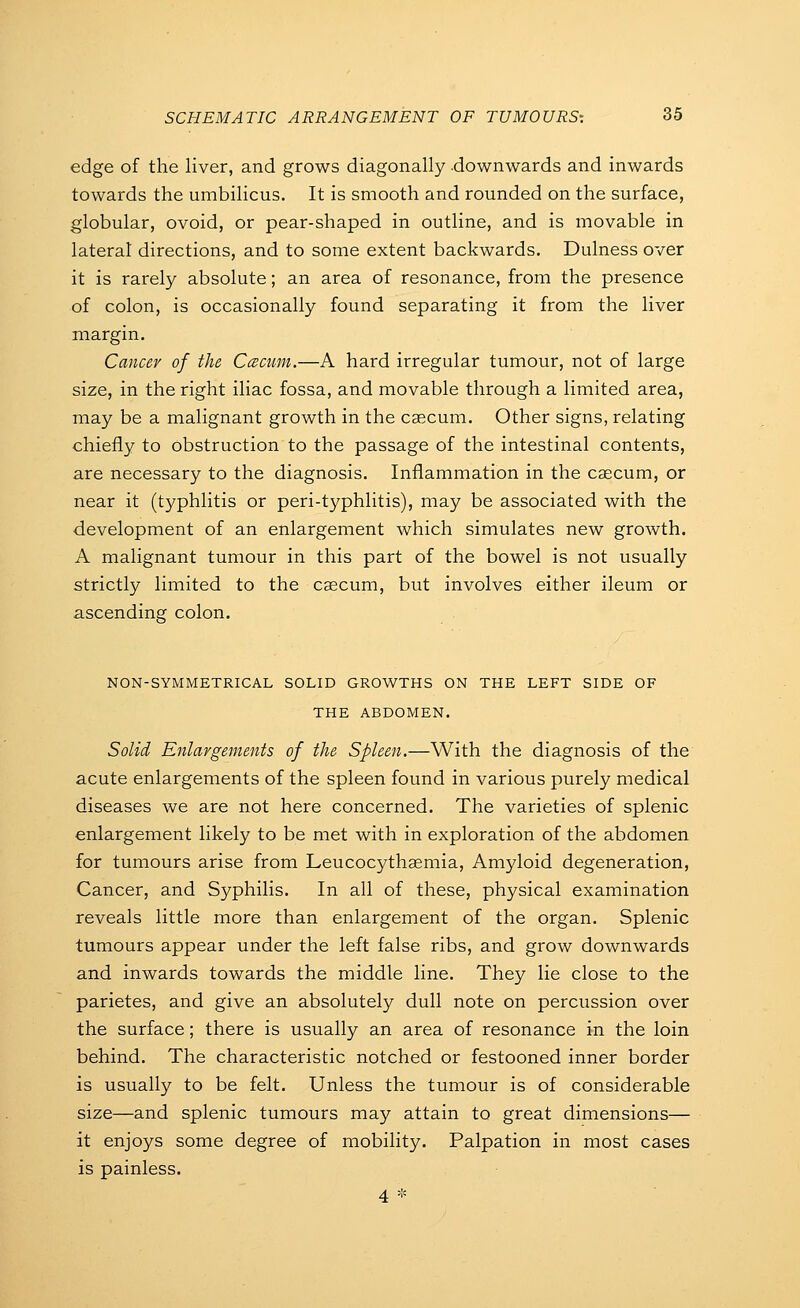 edge of the liver, and grows diagonally -downwards and inwards towards the umbilicus. It is smooth and rounded on the surface, globular, ovoid, or pear-shaped in outline, and is movable in lateral directions, and to some extent backwards. Dulness over it is rarely absolute; an area of resonance, from the presence of colon, is occasionally found separating it from the liver margin. Cancer of the C(BCum.—A hard irregular tumour, not of large size, in the right iliac fossa, and movable through a limited area, may be a malignant growth in the caecum. Other signs, relating chiefly to obstruction to the passage of the intestinal contents, are necessary to the diagnosis. Inflammation in the caecum, or near it (typhlitis or peri-typhlitis), may be associated with the development of an enlargement which simulates new growth. A malignant tumour in this part of the bowel is not usually strictly limited to the caecum, but involves either ileum or ascending colon. NON-SYMMETRICAL SOLID GROWTHS ON THE LEFT SIDE OF THE ABDOMEN. Solid Enlargements of the Spleen.—With the diagnosis of the acute enlargements of the spleen found in various purely medical diseases we are not here concerned. The varieties of splenic enlargement likely to be met with in exploration of the abdomen for tumours arise from Leucocythaemia, Amyloid degeneration, Cancer, and Syphilis. In all of these, physical examination reveals little more than enlargement of the organ. Splenic tumours appear under the left false ribs, and grow downwards and inwards towards the middle line. They lie close to the parietes, and give an absolutely dull note on percussion over the surface; there is usually an area of resonance in the loin behind. The characteristic notched or festooned inner border is usually to be felt. Unless the tumour is of considerable size—and splenic tumours may attain to great dimensions— it enjoys some degree of mobility. Palpation in most cases is painless. 4 *