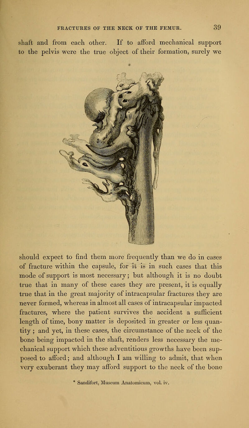 shaft and from each other. If to aiFord mechanical support to the pelvis were the true object of their formation, surely we should expect to find them more frequently than we do in cases of fracture within the capsule, for it is in such cases that this mode of support is most necessary; but although it is no doubt true that in many of these cases they are present, it is equally true that in the great majority of intracapsular fractures they are never formed, whereas in almost all cases of intracapsular impacted fractures, where the patient survives the accident a sufficient length of time, bony matter is deposited in greater or less quan- tity ; and yet, in these cases, the circumstance of the neck of the bone being impacted in the shaft, renders less necessary the me- chanical support which these adventitious growths have been sup- posed to afford; and although I am willing to admit, that when very exuberant they may afford support to the neck of the bone * Sandifort, IMuseum Anatomicum, vol. iv.