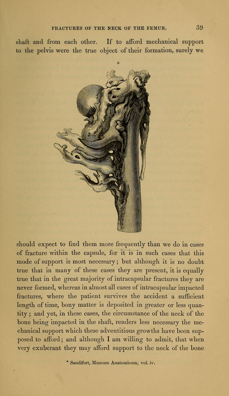 shaft and from each other. If to afford mechanical support to the pelvis were the true object of their formation, surely we should expect to find them more frequently than we do in cases of fracture within the capsule, for it is in such cases that this mode of support is most necessary; but although it is no doubt true that in many of these cases they are present, it is equally true that in the great majority of intracapsular fractures they are never formed, whereas in almost all cases of intracapsular impacted fractures, where the patient survives the accident a sufficient length of time, bony matter is deposited in greater or less quan- tity ; and yet, in these cases, the circumstance of the neck of the bone being impacted in the shaft, renders less necessary the me- chanical support which these adventitious growths have been sup- posed to afford; and although I am willing to admit, that when very exuberant they may afford support to the neck of the bone * Saudifort, Museum Anatomicum, vol. iv.