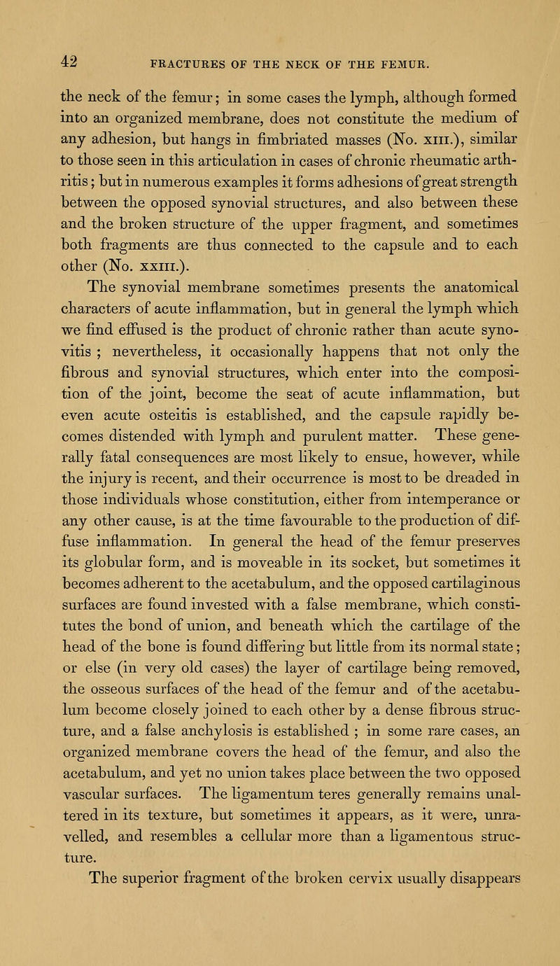 the neck of the femur; in some cases the lymph, although formed into an organized membrane, does not constitute the medium of any adhesion, but hangs in fimbriated masses (No. xm.), similar to those seen in this articulation in cases of chronic rheumatic arth- ritis ; but in numerous examples it forms adhesions of great strength between the opposed synovial structures, and also between these and the broken structure of the upper fragment, and sometimes both fragments are thus connected to the capsule and to each other (No. xxiii.). The synovial membrane sometimes presents the anatomical characters of acute inflammation, but in general the lymph which we find effused is the product of chronic rather than acute syno- vitis ; nevertheless, it occasionally happens that not only the fibrous and synovial structures, which enter into the composi- tion of the joint, become the seat of acute inflammation, but even acute osteitis is established, and the capsule rapidly be- comes distended with lymph and purulent matter. These gene- rally fatal consequences are most likely to ensue, however, while the injury is recent, and their occurrence is most to be dreaded in those individuals whose constitution, either from intemperance or any other cause, is at the time favourable to the production of dif- fuse inflammation. In general the head of the femur preserves its globular form, and is moveable in its socket, but sometimes it becomes adherent to the acetabulum, and the opposed cartilaginous surfaces are found invested with a false membrane, which consti- tutes the bond of union, and beneath which the cartilage of the head of the bone is found differing but little from its normal state; or else (in very old cases) the layer of cartilage being removed, the osseous surfaces of the head of the femur and of the acetabu- lum become closely joined to each other by a dense fibrous struc- ture, and a false anchylosis is established ; in some rare cases, an organized membrane covers the head of the femur, and also the acetabulum, and yet no union takes place between the two opposed vascular surfaces. The ligamentum teres generally remains unal- tered in its texture, but sometimes it appears, as it were, unra- velled, and resembles a cellular more than a ligamentous struc- ture. The superior fragment of the broken cervix usually disappears