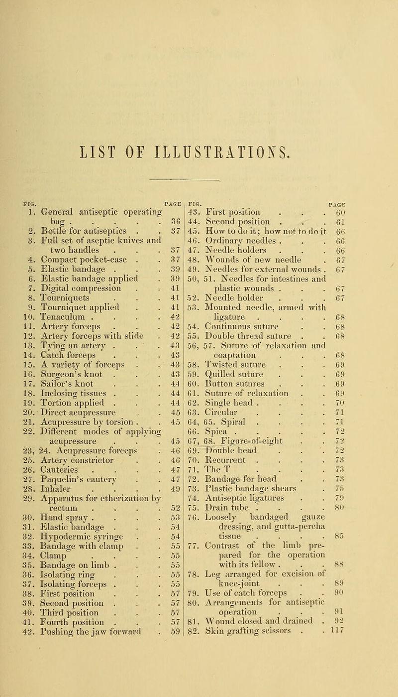 LIST OF ILIOSTRATIONS. FIG. ]. 6. 7. 8. 9. 10. 11. 12. 13. 14. 15. 16. 17. 18. 19. 20. 21. 22. 23, 25. 26. 27, 28. 29. 30. 31. 32. 33. 34. 35. 36. 37. 38. 39. 40. 41. 42. General antiseptic operating bag . . . . .36 Bottle for antiseptics . .37 Full set of aseptic knives and two handles . . .37 Compact pocket-case . .37 Elastic bandage . . .39 Elastic bandage applied . 39 Digital compression . .41 Tourniquets . . .41 Tourniquet applied . .41 Tenaculum . . . .42 Artery forceps . . .42 Artery forceps with slide . 42 Tying an artery . . .43 Catch forceps . . .43 A variety of forceps . . 43 Surgeon's knot . . .43 Sailor's knot . . . 4-J Inclosing tissues . . .44 Tortion applied . . .44 Direct acupressure , . 45 Acupressure by torsion . . 45 Different modes of applying acupressure . . .45 24. Acupressure forceps . 46 Artery constrictor . .46 Cauteries . . . .47 Paquelin's cautery . .47 Inhaler . . . .49 Apparatus for etherization by rectum . . . .52 Hand spray . . . .53 Elastic bandage . . .54 Hypodermic syringe . . 54 Bandage with clamp . . 55 Clamp . . . .55 Bandage on limb . . .55 Isolating ring . . .55 Isolating forceps . . .55 First position , . .57 Second position . . .57 Third position . . .57 Fourth position . . .57 Pusliing the jaw forwai'd . 59 FIG. 43. 44. 45. 46. 47. 48. 49. 50, 52. 53. 54. 55. 56, 58. 59. 60. 61. 62. 63. 64, 66. 67, 69. 70. 71. 72. 73. 74. 75. 76. 77. 78. 79. 80. 81. First position Second position . How to do it; how not to do it Ordinary needles . Needle holders Wounds of new needle Needles for external wounds 51. Needles for intestines and plastic wounds . Needle holder Mounted needle, armed with ligature Continuous suture Double thread suture 57. Suture of relaxation and coaptation Twisted suture Quilled suture Button sutures Suture of relaxation Single head . Circular 65. Spiral Spica . 68. Figure-of-eight Double head Recurrent The T Bandage for head Plastic bandage shears Antiseptic ligatures Drain tube . Loosely bandaged gauze dressing, and gutta-percha tissue .... Contrast of the limb pre- pared for the operation with its fellow . Leg arranged for excision of knee-joint Use of catch forceps Arrangements for antisejitic operation Wound closed and drained PAGE 60 61 66 66 66 67 6 7 67 67 68 68 68 68 69 69 69 69 70 71 71 73 73 75 79 80 85 8.S 89 90 91 92