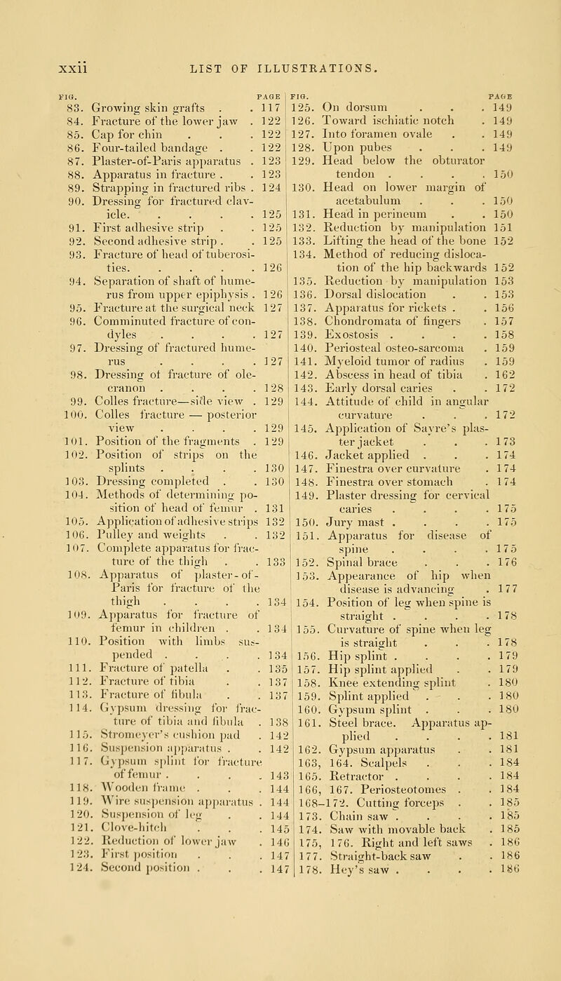 itle view . - posterior FIG. PAGE 83. Growing skin grafts . .117 84. Fi'acture of the lower jaw . 122 85. Cap for chin . . .122 86. Four-tailed bandage . . 122 87. Plaster-of-Paris apparatus . 123 88. Apparatus in fracture . .123 89. Strapping in fractured ribs . 124 90. Dressing for fractured clav- icle. .... 91. First adhesive strip 92. Second adhesive strip . 93. Fracture of head of tuberosi- ties. .... 94. Separation of shaft of hume- rus from upper epiphysis . 95. Fracture at the surgical neck 96. Comminuted fracture of con- dyles .... 97. Dressing of fractured hume- rus .... 98. Dressing ot fracture of ole- cranon .... 99. Colles fracture— 100. Colles fracture view .... 101. Position of the fragments . 102. Position of strips on the splints .... 103. Dressing completed . 104. Methods of determining po- sition of head of femur . 105. Application of adhesive strips 106. Pulley and weights 107. Complete apparatus lor frac- ture of the thigh 108. Apparatus of plaster-of- Paris for fracture of the thigh .... 109. Apparatus for fracture of femur in childien . 110. Position Avitli limbs sus- pended . . . 111. Fracture of patella 112. Fracture of tibia ns. Fracture of libula 114. Gypsum dressing for frac- ture of tibia and libula 115. Stromeyer's cushion pad 116. Suspension aj)paratus . 117. Gypsum splint ibr fi'acture of femur .... 118. Wooden frame . 119. Wire suspension apparatus . 120. Suspension of leg 121. Clove-hitch '. 122. Keductioii of lowei'jaw 123. First position ] 24. Second position . 125 125 125 126 126 127 127 127 128 129 129 129 130 130 131 132 132 FIG. 125. 126. 127. 128. 129. PAGE 149 149 149 149 On dorsum Toward ischiatic notch Into foramen ovale Upon pubes Head below the obturator tendon .... 130. Head on lower margin of acetabulum 131. Head In perineum 132. Reduction by manipulation 151 133. Lifting the head of the bone 152 134. Method of reducing disloca- tion of the hip backwards 152 135. Reduction by manipulation 153 150 150 150 136. Dorsal dislocation 137. Apparatus for rickets . 138. Chondromata of fingers 139. Exostosis .... 140. Periosteal osteo-sarcoma 141. Myeloid tumor of radius 142. Abscess in head of tibia 143. Early dorsal caries 144. Attitude of child in angular curvature 145. Application of Sayre's plas- ter jacket 146. Jacket applied . 147. Finestra over curvature 148. Finestra over stomach 149. Plaster dressing for cervical carles .... 150. Jury mast . . . . 151. 134 134 135 137 137 138 142 142 143 144 144 144 145 146 147 147 Apparatus for disease of spine .... 152. Spinal brace ] 53. Appearance of hip when disease Is advanclng 134 154. Position of leg when spine Is straight .... 155. Curvature of spine when leg is straight 156. Hip splint .... 157. Hip splint applied 158. Knee extending splint 159. Splint applied . . 160. Gypsum splint . 161. Steel brace. Apparatus ap- plied .... 162. Gypsum apparatus 163. 164. Scalpels 165. Retractor . . . . 166, 167. Periosteotomes . 168-172. Cutting forceps . 173. Chain saw . . . . 174. Saw with movable back 175. 176. Right and left saws 177. Straight-back saw 178. Hey's saw . . . . 153 156 157 158 159 159 162 172 172 173 174 174 174 175 175 175 176 177 178 178 179 179 180 180 180 181 181 184 184 184 185 185 185 186 186 186
