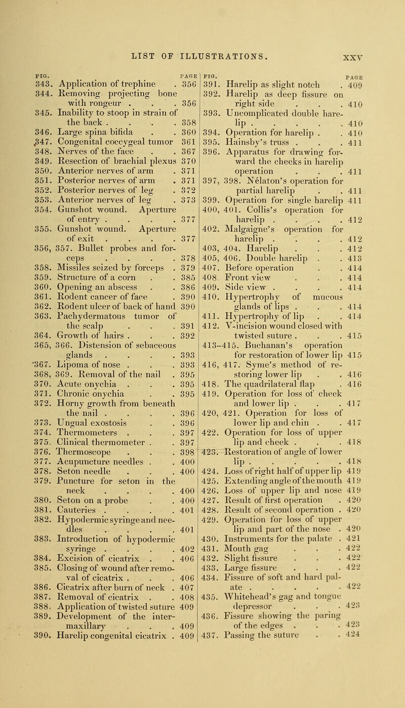 FIG. 343. Application of trephine 344. Removing projecting bone with rongeur . . . 345. Inability to stoop in strain of the back .... 346. Large spina bifida ,347. Congenital coccygeal tumor 348. Nerves of the face 349. Resection of brachial plexus 350. Anterior nerves of arm 351. Posterior nerves of arm 352. Posterior nerves of leg 353. Anterior nerves of leg 354. Gunshot wound. Aperture of entry .... 355. Gunshot wound. Aperture of exit .... 356. 357. Bullet probes and for- ceps .... 358. Missiles seized by forceps . 359. Structure of a corn 360. Opening an abscess 361. Rodent cancer of face 362. Rodent ulcer of back of hand 363. Pachydermatous tumor of the scalp 364. Growth of hairs . 365. 366. Distension of sebaceous glands .... 367. Lipoma of nose . 368, 369. Removal of the nail . 370. Acute onychia . 371. Chronic onychia 372. Horny growth from beneath the nail .... 373. Ungual exostosis 374. Thermometers . 375. Clinical thermometer . 376. Thermoscope 377. Acupuncture needles . 378. Seton needle 379. Puncture for seton in the neck .... 380. Seton on a probe 381. Cauteries . . . 382. Hypodermicsyringeand nee- dles 383. Introduction of hypodermic syringe .... 384. Excision of cicatrix . 385. Closing of wound after remo- val of cicatrix . 386. Cicatrix after burn of neck . 387. Removal of cicatrix . 388. Application of twisted suture 389. Development of the inter- maxillary 390. Harelip congenital cicatrix . PAGE FIG. PAGE 366 391. Harelip as slight notch 409 392. Harelip as deep fissure on 356 right side 410 393. Uncomplicated double hare- 358 lip ._ . . . . 410 360 394. Opei-ation for harelip . 410 361 395. Hainsby's truss . 411 367 396. Apparatus for drawing for- 370 ward the cheeks in harelip 371 operation 411 371 397, 398. Nekton's operation for 372 partial harelip . ,. 411 373 399. Operation for single harelip 411 400, 401. Collis's operation for 377 harelip .... 412 402. Malgaigne's operation for 377 harelip .... 412 403, 404. Harelip 412 378 405, 406. Double harelip . 413 379 407. Before operation 414 385 408. Front view 414 386 409. Side view .... 414 390 410. Hypertrophy of mucous 390 glands of lips . 414 411. Hypertrophy of lip 414 391 412. V-incision wound closed with 392 twisted suture . 415 413- -415. Buchanan's operation 393 for restoration of lower lip 415 393 416, 417. Syme's method of re- 395 storing lower lip 416 395 418. The quadrilateral flap 416 395 419. Operation for loss of cheek and lower lip . 417 396 420, 421. Operation for loss of 396 lower lip and chin . 417 397 422. Operation for loss of upper 397 lip and cheek . 418 398 423. Restoration of angle of lower 400 lip . . . . . 418 400 424. Loss of right half of upper lip 419 425. Extending angle of the mouth 419 400 426. Loss of upper lip and nose 419 400 427. Result of lii'st operation 420 401 428. Result of second operation . 420 429. Operation for loss of upper 401 lip and part of the nose . 420 430. Instruments for the palate . 421 402 431. Mouth gag 422 406 432. Slight fissure 422 433. Large fissure 422 406 434. Fissure of soft and hard pal- 407 ate . . . 422 408 435. Whitehead's gag and tongue 409 depressor 423 436. Fissure showing the paring 409 of the edges . 423 409 437. Passing the suture 424