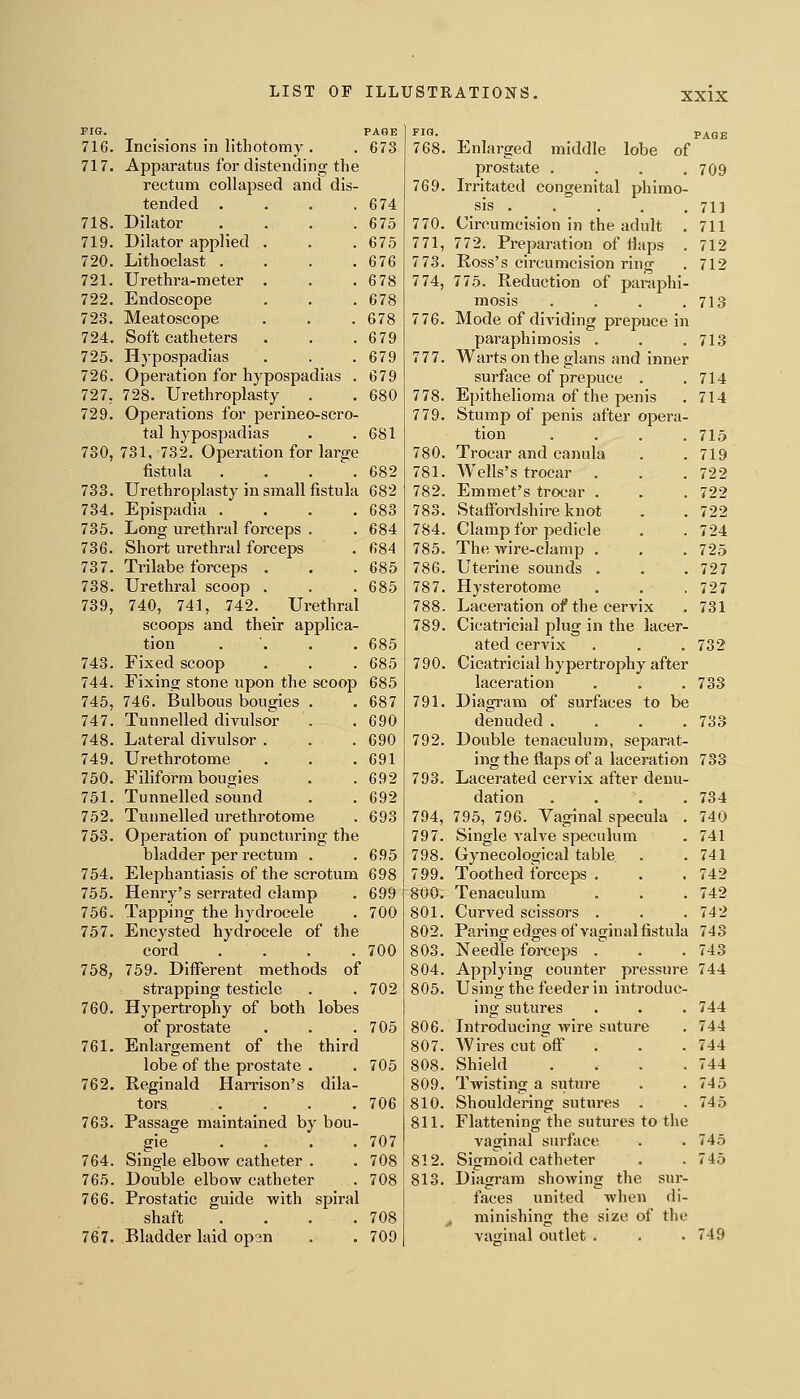 PIG. PAGE FIG. 716. Incisions in lithotomy . 673 768. 717. Apparatus for distending the rectum collapsed and dis- 769. tended . . . . 674 718. Dilator , . . . 675 770. 719. Dilator applied . 675 771, 720. Lithoelast . . . . 676 773. 721. Urethra-meter . 678 774, 722. Endoscope 678 723. Meatoscope 678 776. 724. Soft catheters 679 725. Hypospadias 679 777. 726. Operation for hypospadias . 679 727. 728. Urethroplasty 680 778. 729. Operations for perineo-scro- 779. tal hypospadias 681 730, 731, 732. Operation for large 780. fistula . . . . 682 781. 733. Urethroplasty in small fistula 682 782. 734. Epispadia . . . . 683 783. 735. Long urethral forceps . 684 784. 736. Short urethral forceps 684 785. 737. Trilabe forceps . 685 786. 738. Urethral scoop . 685 787. 739, 740, 741, 742. Urethral 788. scoops and their applica- 789. tion . '. . . 685 743. Fixed scoop 685 790. 744. Fixing stone upon the scoop 685 745, 746. Bulbous bougies . 687 791. 747. Tunnelled divulsor 690 748. Lateral divulsor . 690 792. 749. Urethrotome 691 750. Filiform bougies 692 793. 751. Tunnelled sound 692 752. Tunnelled urethrotome 693 794, 753. Operation of puncturing the 797. bladder per rectum . 695 798. 754. Elephantiasis of the scrotum 698 799. 755. Henry's serrated clamp 699 800. 756. Tapping the hydrocele 700 801. 757. Encysted hydrocele of the 802. cord .... 700 803. 758; 759. Different methods of 804. strapping testicle 702 805. 760. Hypertrophy of both lobes of prostate 705 806. 761. Enlargement of the third 807. lobe of the prostate . 705 808. 762. Reginald Harrison's dila- 809. tors 706 810. 763. Passage maintained by bou- 811. gie . . . . 707 764. Single elbow catheter . 708 812. 765. Double elbow catheter 708 813. 766. Prostatic guide with spiral shaft . . . . 708 767. Bladder laid opsn 700 Enlarged middle lobe of prostate .... Irritated congenital phimo- sis . Circumcision in the adult . 772. Preparation of fiaps . Ross's circumcision ring 775. Reduction of paraphi- mosis .... Mode of dividing prepuce in paraphimosis . Warts on the glans and inner surface of prepuce . Epithelioma of the penis Stump of penis after opera- tion .... Trocar and canula AVells's trocar Emmet's trocar . Staffbixlshire knot Clamp for pedicle The wire-clamp . Uterine sounds . Hysterotome Laceration of the cervix Cicatricial plug in the lacer- ated cervix Cicatricial hypertrophy after laceration Diagram of surfaces to be denuded .... Double tenaculum, separat- ing the flaps of a laceration Lacerated cervix after denu- dation 795, 796. Vaginal specula . Single valve speculum Gynecological table Toothed forceps . Tenaculum Curved scissors . Paring edges of vaginal fistula Needle forceps . Applying counter pressure Using the feeder in introduc- ing sutures Introducing wire suture Wires cut off' Shield .... Twisting a siiture Shouldering sutures . Flattening the sutures to tlie vaginal surface Sigmoid catheter Diagram showing the sur- faces united when di- ^ minishing the size of the vajjinal outlet • 709 711 711 712 712 713 713 714 714 715 719 722 722 722 724 725 727 727 731 732 733 733 733 734 740 741 741 742 742 742 743 743 744 744 744 744 744 745 745 745 745 749