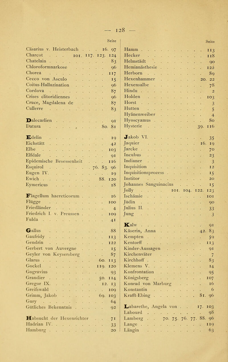 Seite Cäsarius v. Heisterbach . . . l6. 97 Charcot loi. 117. 123. 124 Chatelain 83 Chloroformnarkose 96 Chorea 117 Cecco von Asculo 15 Coitus-Halhizination 96 Cordova 87 Crises clitoridiennes ..... 96 Cruce, Magdalena de .... 87 Cullerre 83 Dalecarlien 91 Datura ........ 80. 81 Edelin 19 Eichstätt 42 Elbe 103 Elfdale ■ . 91 Epidemische Besessenheit . . . 116 Esquirol . 76. 83. 96 Eugen IV 19 Ewich 88. 120 Eymericus 18 Flagellum haereticoriim .... 16 Flügge 100 Friedländer 4 Friedrich I. v. Preussen . . . . 109 Fulda 41 GaUus 88 Gaufridy 113 Gendrin 122 Gerbert von Auvergne .... 15 Geyler von Keysersberg ... 87 Glarus 60. 113 Gockel 119. 120 Gogravius 93 Grandier 50. 114 Gregor IX 12. 13 Greifswald 109 Grimm, Jakob 69. 103 Gury 64 Gütliches Bekenntnis 92 Habsucht der Ilcxenrichter 71 Hadrian IV 33 Hamburg 20 Seite Hamm . . . 113 Hecker 118 Helmstädt 90 Hemianästhesie 122 Herborn 89 Hexenhammer 20. 22 Hexensalbe 78 Hindu 2 Holden 103 Horst 3 Hütten 5 Hyänenweiber ....... 4 Hyoscyamus 80 Hysterie 39. 116 Jakob VI 35 Jaquier 16. 19 Jarcke 70 Incubus 23 Indianer 3 Inquisition 12 Inquisitionsprozess 15 Institor 20 Johannes Sanguinacius .... 15 JoUy .... loi. 104. 122. 123 Ischämie loi Jüdin 90 Julius II 33 Jung 3 Kalw 91 Käserin, Anna 42. 83 Kempten 59 Kentorff 113 Kinder-Aussagen 91 Kirchenväter 7 Kirchhoff 83 Klemens V 14 Konfrontation 95 Königsberg 107 Konrad von Marburg .... 16 Konstantin 6 Krafft-Ebing 81. 96 Labarethe, Angela von . . 17- 103 Lal)ourd 98 Lamberg . . 70. 75. 76. 77. 88. 96 Lange II9 Längin 63