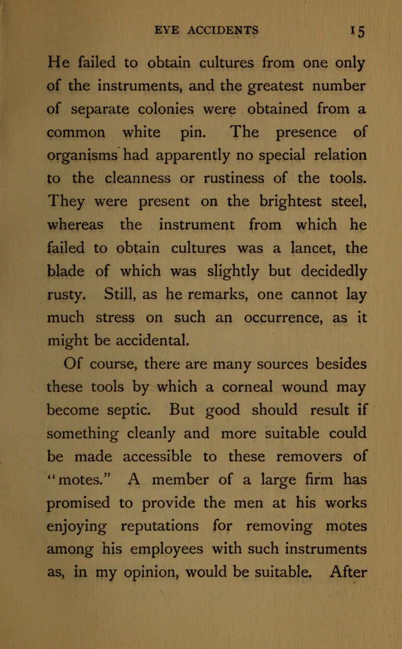 He failed to obtain cultures from one only of the instruments, and the greatest number of separate colonies were obtained from a common white pin. The presence of organisms had apparently no special relation to the cleanness or rustiness of the tools. They were present on the brightest steel, whereas the instrument from which he failed to obtain cultures was a lancet, the blade of which was slightly but decidedly rusty. Still, as he remarks, one cannot lay much stress on such an occurrence, as it might be accidental. Of course, there are many sources besides these tools by which a corneal wound may become septic. But good should result if something cleanly and more suitable could be made accessible to these removers of 4' motes. A member of a large firm has promised to provide the men at his works enjoying reputations for removing motes among his employees with such instruments as, in my opinion, would be suitable. After