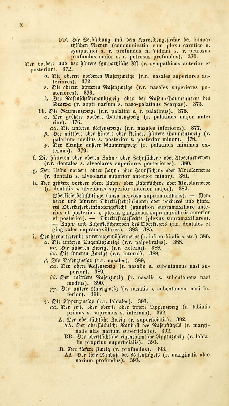 FF. Sie Söerbtnbung mit bem Äatotibengcfledfite be§ fompai t()irci^en S^ecöen (coiumimicatio cum plexu carotico n. sympathici s. r. profundus n. Vidiani s. r. petrosus profundus major s. r. petrosus profundus). 370. 35er üorbere unb ber t)tntece fi)mpatt)if^e 3fjl (r. sympathicns anterior et posterior'. 372, 3. Sie oberen öorberen Stafenjwetge (r.r. nasales superiores an- teriores). 372. e. S)te oberen t)tnteren Stafenjwetge (r.r. nasales superiores po- steriores). 373. f. 23er 9'lafenfcl)eibett)anbjtt)ef9 ober ber S^tafen; (Saumenneroe beö ©carpa (r. septi narium s. naso-palatinus Scarpae). 373. bb. £)te ©aumenjwetge (r.r. palatini s. r. palatinus). 375. ß. 35er größere oorbere ©aumenjwetg (r. palatinus major antes rior). 376. ac(. j)ie unteren Stafenjwetge (r.r. nasales inferiores). 377. ß. 35er mittlere ober t)intere ober Heinere t)intere ©aumenjtüetg (r. palatinus medius s. posterior s. posterior minor). 378. y. 35er Heinfte äußere ©aumenjweig (r. palatinus minimus ex- ternus). 379. f. Sie t)intcren ober oberen ^a^m ober 3<i()nfdd)er; ober3floeotarncroen (r.r. dentales s. alveolares superiores posteriores). 380. g. 35er fleine »orbere obere 3af)n; ober 3Qt)nfdd^eri ober 2(lüeolarnerüe (r. dentalis s. alveolaris superior anterior minor). 381. h. 35er größere üorbere obere 3a^ns ober 3cii)nfdc^erj ober 3C(oeolarnerüe (r. dentalis s. alveolaris superior anterior major). 382. Oberfieferbeinfdbtinge (ansa nervosa supramaxillaris). — SSors berer unb t)interer Dberüeferbeinfnoten ober üocbereö unb ^tntei reo £)ber£teferbein!notengefIec()t (ganglion supramaxillare ante- rius et posterius s. plexus gangliosus supramaxillaris anterior et posterior). — SDberfiefergefle^te (plexus supramaxillares). — 3a|)n; unb 3a£)nfIetfd)neroen beö Oberüeferö (r.r. dentales et gingivales supramaxillares). 383—385. i. 35er f)erüortretenbe Unteraugen:^öl)tenneroe (r. infraorbitalis s. str.) 386. ß. 35ie unteren 2fugenlibän)etge (r.r. palpebrales). 388. ßß. 3)ie duneren anzeige (r.r. externi). 388, ßß. Sie inneren ßwetge (r.r. interni). 389. ß. 35ie ^iafenjroeige (r.r, nasales). 389. ßß. 3)er obere Stafenjweig (r. nasalis s. subcutaneus nasi su- perior). 389. ßß. 35er mittlere Slafenjmeig (r. nasalis s. subcutaneus nasi medius). 390. yy. 35er untere S^lafenj^eig '(r. nasalis s. subcutaneus nasi in- ferior). 391. y. 35ie Sippenjweige (r.r. labiales). 391. ßß. 35er erpe ober oberjle ober innere Cippenjwetg (i-. labialis primus s. supremus s. internus). 392. A. 35er obecfIdd)lid^e 3n)etg (r. superficialis). 392, AA. 35er oberfIdd)ltcl)e Sianbaft be§ 9tafenflugelö (r. margi- nalis alae nainum superficialis). 392. BB. 35er oberf[dd)lid)e etgent^)üm(id)e Cippenjweig (r. labia- lis proprius superficialis). 393. B. 35er tiefere 3n?eig (r. profundus). 393. AA. 35er tiefe Sianbaji bcö 9tafenf[ügelö (r. marginalis alae narium profundus). 393.