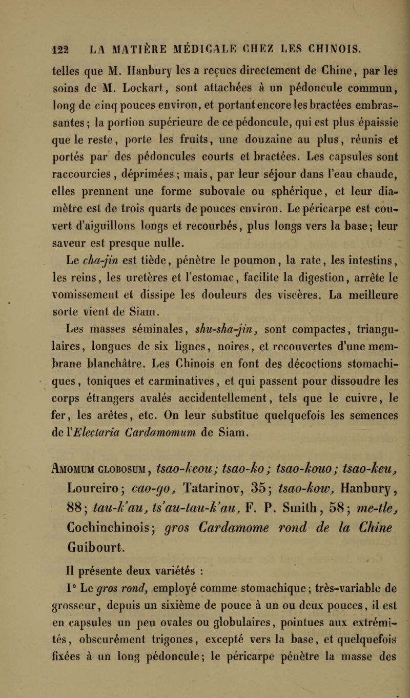 telles que M. Hanbury les a reçues directement de Chine, par les soins de M. Lockart, sont attachées à un pédoncule commun, long de cinq pouces environ, et portant encore les bractées embras- santes ; la portion supérieure de ce pédoncule, qui est plus épaissie que le reste, porte les fruits, une douzaine au plus, réunis et portés par des pédoncules courts et bractées. Les capsules sont raccourcies , déprimées ; mais, par leur séjour dans l'eau chaude, elles prennent une forme subovale ou sphérique, et leur dia- mètre est de trois quarts de pouces environ. Le péricarpe est cou- vert d'aiguillons longs et recourbés, plus longs vers la base ; leur saveur est presque nulle. Le cha-jin est tiède, pénètre le poumon, la rate, les intestins, les reins, les uretères et l'estomac, facilite la digestion, arrête le vomissement et dissipe les douleurs des viscères. La meilleure sorte vient de Siam. Les masses séminales, shu-sha-jin, sont compactes, triangu- laires , longues de six lignes, noires, et recouvertes d'une mem- brane blanchâtre. Les Chinois en font des décoctions stomachi- ques , toniques et carminatives, et qui passent pour dissoudre les corps étrangers avalés accidentellement, tels que le cuivre, le fer, les arêtes, etc. On leur substitue quelquefois les semences deYElectaria Cardamomum de Siam. Amomum globosum , tsao-keou; tsao-ko; tsao-kouo; tsao-keu, Loureiro; cao-go, Tatarinov, 35; tsao-kow, Hanbury, 88; tau-li au, ts au-tau-h'au, F. P. Smith, 58; me-tle, Cochinchinois; gros Cardamome rond de la Chine Guibourt. Il présente deux variétés : 1° Le gros rond, employé comme stomachique ; très-variable de grosseur, depuis un sixième de pouce à un ou deux pouces, il est en capsules un peu ovales ou globulaires, pointues aux extrémi- tés , obscurément trigones, excepté vers la base, et quelquefois fixées à un long pédoncule; le péricarpe pénètre la masse des