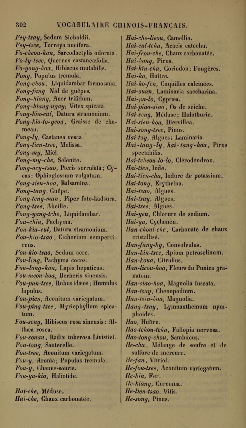 Fey-tsay, Sedum Sieboldii. Fey-tsee, Torreya nucifera. Fo-cheou-kan, Sarcodactylis odorafa. Fo-ly-tsee, Quercus castaneaefolia. Fo-yong-hoa, Hibiscus mutabilis. Fong, Populus tremula. Fong-chou, Liquidambar formosana. Fong-fang. Nid de guêpes. Fong-hiang, Acer trifidum. Fong-lriang-ngay, Vitex spicata. Fong-kia-eul, Datura stramonium. Fong-kio-to-yeou, Graisse de cha- meau. Fong-ly, Castanea vesca. Fong-lien-tsee, Melissa. Fong-my, Miel. Fong-my-che, Sélénite. Fong-oey-tsao, Pteris serrulata; Cy- cas; Ophioglossum vulgatum. Fong-sien-hoa, Baisamina. Fong-tang, Guêpe. Fong-teng-man, Piper futo-kadsura. Fong-tsee, Abeille. Fong-yang-tche, Liquidambar. Fou-chin, Pachyma. Fou-kia-eul, Datura stramonium. Fou-kio-tsao , Cichorium sempervi- rens. Fou-kio-tsao, Sedum acre. Fou-ling, Pachyma cocos. Fou-long-kan, Lapis hepaticus. Fou-meou-hoa, Berberis siuensis. Fou-jmn-tsee, Rubus idaeus ; Humulus lupulus. Fou-pien, Aconitum variegatum. Fou-ping-tsee, Myriophyllum spica- tum. Fou-seng, Hibiscus rosa sinensis; Al- thœa rosea. Fou-souan, Radix tuberosa Livistiei. Fou-tong, Sauterelle. Fou-tsee, Aconitum variegatum. Fou-y, Aronia: Populus tremula. Fou-y, Chauve-souris. Fou-yu-kia, Haliotide. Hai-che, Méduse. Hai-che, Chaux carbonatéc. Hai'Che-lieou, Camellia. Hai-eul-tcha, Acacia catechu. Hai-feou-che, Chaux carbonatée. Hai-hong, Pirus. Hai-kin-cha, Corindon; Fougères. Hai-ko, Huître. Hai-ko-fen, Coquilles calcinées. Hai-ouan, Laminaria saccharina. Hai-pa-lo, Cypraea. Hai-piao-siao, Os de seiche. Hai-seng, Méduse; Holothurie. Hai-sien-hoa, Diervillea. Hai-song-tsee, Pi nus. Hai-tay, Algues; Laminaria. Hai-tang-ly, hai-tang-hoa, Pirus spectabilis. Hai-tcheou-lo-lo, Clérodendron. Hai-tien, Iode. Hai-tien-cha, Iodure de potassium. Hai-to?ig, Erythrina. Hai-tsao, Algues. Hni-tsay, Algues. Hai-tsee, Algues. liai-yen, Chlorure de sodium. Hai-yu, Cyclamen. Han-ciioui-che, Carbonate de chaux cristallisé. Han-fang-ky, Convolvulus. Han-kin-tsee, Apium petroselinum. Han-koua, Citrullus. Han-lieou-hoa, Fleurs du Punica gra- natum. Han-siao-hoa, Magnolia fuscata. Han-tsay, Chenopodium. Han-lsin-hoa, Magnolia. Hang-tsay, Lymnanthemum nym- phoides. Hao, Huître. Hao-lchou-tcha, Fallopia nervosa. Hao-tong-chou, Sambucus. He-cha, Mélange de soufre et de sulfure de mercure. He-fan, Vitriol. He-fou-tsee, Aconitum variegatum. He-kin, Fei*. He-kiang, Curcuma. He-lien-tsao, Vitis. He-song, Pinus.