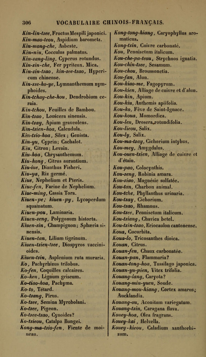 Kin-lin-tsee, FructusMespili japonici. Kin-mao-teou, Aspidium barometz. Kin-mong-che, Asbeste. Kin-niu, Cocculus palmatus. Kinsang-ling, Cyperus rotundus. Kin-sin-che, Fer pyriteux. Mica. Kin-sin-tsao, kin-see-tsao, Hyperi- cum chinense. Kin-sse-ho-ye, Lymnanthemum nym- phoides. Kin-tchay-che-kou, Dendrobium ce- raia. Kin-tchou} Feuilles de Bambou. Kin-tsao, Lonicera sinensis. Kin-tsay, Apium graveolens. Kin-tsien-hoa, Calendula. Kin-tsio-hoa, Silex; Genista. Kin-yu, Cyprin; Cachalot. Kiu, Citron; Levain. Kiu-hoa, Chrysanthemum. Kiu-hong, Citrus aurantium. Kiu-iue, Dianthus Fisheri. Kiu-ya, Riz germé. Kiue, Nephelium et Pteris. Kiue-fen, Farine de Nephelium. Kiue-ming, Cassia Tora. Kiuen-pe; kiuen-py, Lycoperdum squamatum. Kiuen-pou, Laminaria. Kiuen-seng, Polygonum bistorta. Kiuen-sin, Champignon ; Sphaeria si- nensis. Kiuen-tan, Lilium tigrinum. Kiuen-tsien-tsee, Diospyros vaccini- oides. Kiuen-tsin, Asplenium ruta muraria. Ko, Pachyrhizus trilobus. Ko-fen, Coquilles calcaires. Ko-ken, Lignum griseum. Ko-tiao-hoa, Pachyma. Koto, Têtard. Ko-tsang, Pirus. Ko-tsee, Semina Myrobolani. Ko-tsee, Pigeon. Ko-tsee-tsao, Cynoides? Ko-tsieouy Catalpa Bungei. Kong-ma-tsio-fen, Fiente de moi- neau. Kong-tong-hiang, Caryophyllus aro- maticus, Kong-tsin, Cuivre carbonate. Kou, Pennisctum italicum. Kou-che-pa-teou, Strychoos ignatia. Kou-chin-tsee, Sesamum. Kou-chou, Broussonetia. Kou-fan, Alun. Kou-kiao-me, Fagopyrum. Kou-kien, Alliage de cuivre et d'alun. Kou-kin, Apium. Kou-kiu, Anthémis apiifolia. Kou-ko, Fève de Saint-Ignace. Kou-koua, Momordica. Kou-len, Drosera^rotundifolia. Kou-lieou, Salix. Kou-ly, Salix. Kou-ma-tsay, Cichorium intybus. Kou-mey, Amygdalus. Kou-ouen-tsien, Alliage de cuivre et d'étain. Kou-pao, Colocynthis. Kou-seng, Robinia amara. Kou-siao, Magnésie sulfatée. Kou-tan, Charbon animal. Kou-tche, Phyllanthus urinaria. Kou-lsay, Cichorium. Kou-tsao, Rhamnus. Kou-tsee, Pennisetum italicum. Kou-tsiang, Chavica bétel. Kou-tsin-tsao, Eriocaulon cantonense. Koua, Cucurbita. Koua-lo, Tricosanthes dioica. Rouan, Citrus. Kouan-fen, Chaux carbonatée. Kouan-pan, Flammaria? Kouan-tong-hoa, Tussilago japonica. Kouan-yu-pien, Vitex trifolia. Kouang-lang, Caryota? Kouang-min-yuen, Soude. Kouang-mou-hiang, Cortex amarus; Auckland ia. Kouang-ou, Aconitum variegatum. Kouang-tsin, Caragana flava. Kouey-hoa, Olea fragrans. Kouey-kai, Helvella. Kouey-kieou, Caladium xanthorhi- zum.