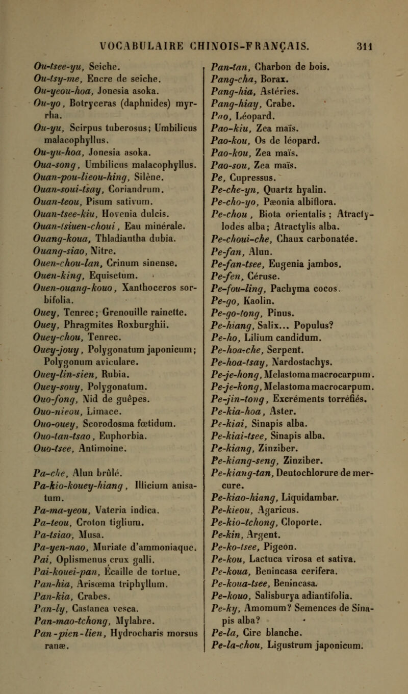 Ou-tsee-yu, Seiche. Ou-tsy-me, Encre de seiche. Ou-yeou-hoa, Jonesia asoka. Ou-yo, Botryceras (daphnides) myr- rha. Ou-yu, Scirpus tuberosus; Umbilicus malacophyllus. Ou-yu-hoa, Jonesia asoka. Oua-song, Umbilicus malacophyllus. Ouan-pou-lieou-hing, Silène. Ouan-soui-tsay, Coriandrum. Ouan-teou, Pisum sativum. Ouan-tsee-kiu, Ho\ enia dulcis. Ouan-tsiuen-choui, Eau minérale. Ouang-koua, Thladiantha dubia. Ouang-siao, Nitre. Ouen-chou-lan, Grinum sinense. Ouen-king, Equisetum. Ouen-ouang-kouo, Xanthoceros sor- bifolia. Ouey, Tenrec; Grenouille rainette. Oney, Phragmites Roxburghii. Ouey-chou, Tenrec. Ouey-jouy, Polygonatum japonicum ; Polygonum aviculare. Ouey-lin-sien, Rubia. Ouey-souy, Polygonatum. Ouo-fong, Xid de guêpes. Ouo-nieou, Limace. Ouo-ouey, Scorodosma fœtidum. Ouo-tan-tsao, Euphorbia. Ouo-tsee, Antimoine. Pa-che, Alun brûlé. Pa-hio-kouey-hiang, Illicium anisa- tum. Pa-ma-yeou, Vateria indica. Pa-teou, Groton tiglium. Pa-tsiao, Musa. Pa-yen-nao, Muriate d'ammoniaque. Pat, Oplismenus crux galli. Pai-kouei-pan, Ecaille de tortue. Pan-hia, Arisœma triphyllum. Pan-kia, Crabes. Pan-ly, Castanea vesca. Pan-mao-tchong, Mylabre. Pan-pien-lien, Hydrocharis morsus ranae. Pan-tan, Charbon de bois. Pang-cha, Borax. Pang-hia, Astéries. Pang-hiay, Crabe. Pno, Léopard. Pao-kiu, Zea maïs. Pao-kou, Os de léopard. Pao-kou, Zea maïs. Pao-sou, Zea mais. Pe, Cupressus. Pe-che-yn, Quartz hyalin. Pe-cho-yo, Pœonia albiflora. Pe-chou , Biota orientalis ; Atracty- lodes alba; Atractylis alba. Pe-choui-che, Chaux carbonatée. Pe-fan, Alun. Pe-fan-tsee, Eugenia jambos. Pe-fen, Céruse. Pe-fou-ling, Pachyma cocos. Pe-go, Kaolin. Pe-go-tong, Pinus. Pe-hiang, Salix... Populus? Pe-ho, Lilium candidum. Pe-hoarche, Serpent. Pe-hoa-tsay, Nardostachys. Pe-je-hong, Alelastomamacrocarpum Pe-je-kong, Melastomamacrocarpum, Pe-jin-tong, Excréments torréfiés. Pe-kia-hoa, Aster. Pe-kiai, Sinapis alba. Pe-kiai-tsee, Sinapis alba. Pe-kiang, Zinziber. Pe-kiang-seng, Zinziber. Pe-kiang-tan, Deutochlorure de mer- cure. Pe-kiao-hiang, Liquidambar. Pe-kieou, Agaricus. Pe-kio-tchong, Cloporte. Pe-kin, Argent. Pe-ko-tsee, Pigeon. Pe-kou, Lactuca virosa et sativa. Pe-koua, Benincasa cerifera. Pe-koua-tsee, Benincasa. Pe-kouo, Salisburya adiantifolia. Pe-ky, Amomum? Semences de Sina- pis alba? Pe-la, Cire blanche. Pe-la-chou, Ligustrum japonicum.