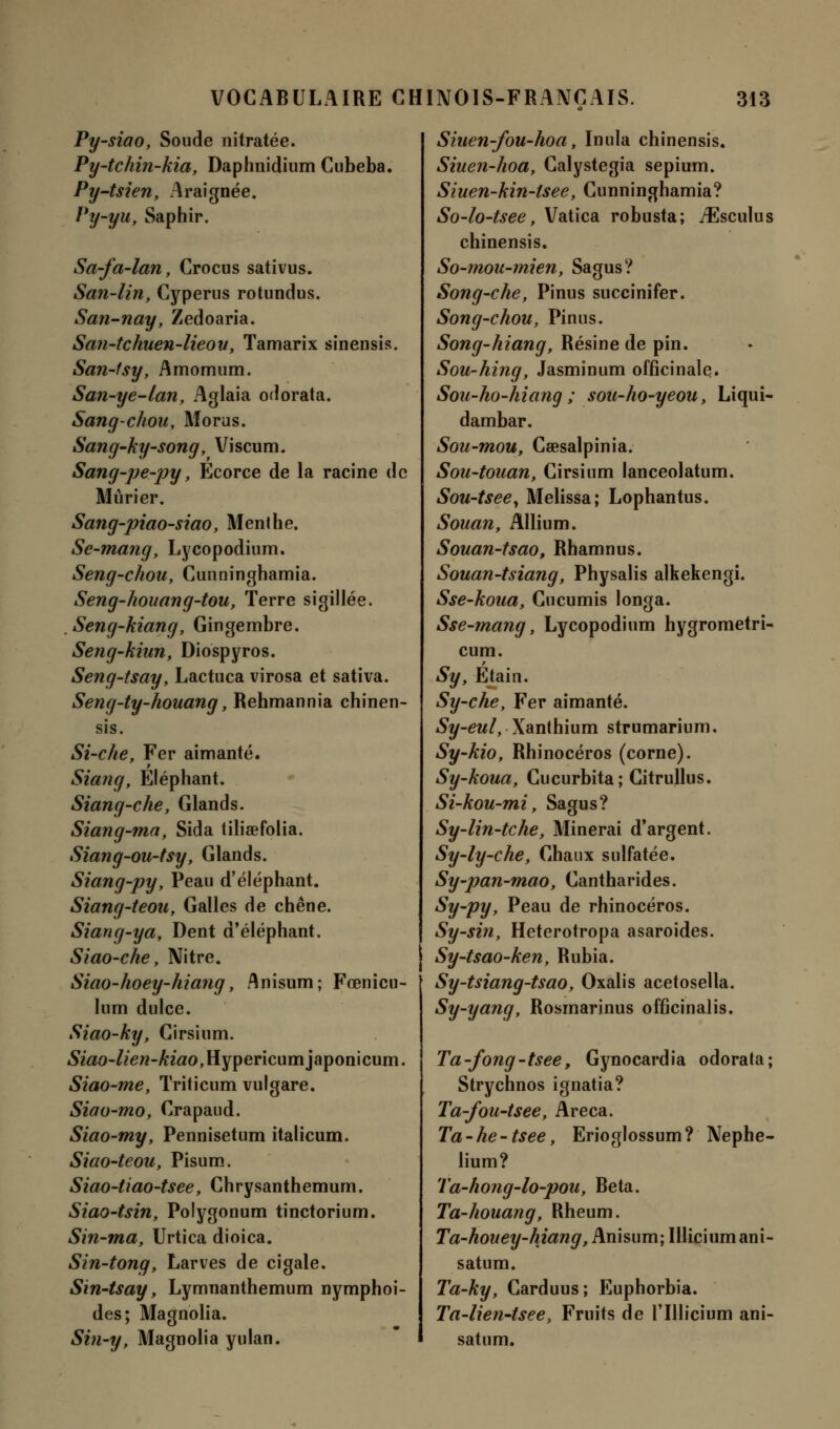 Py-siao, Soude nitratée. Py-tchin-kia, Daphnidium Cubeba. Py-tsien, Araignée. Py-yu, Saphir. Sa-fa-lan, Crocus sativus. San-lin, Cyperus rotundus. San-nay, Zedoaria. San-tchuen-lieou, Tamarix sinensis. San-tsy, Amomum. San-ye-lan, Aglaia odorata. Sang-chou, Morus. Sang-ky-song, Viscum. Sang-pe-py, Ecorce de la racine de Mûrier. Sang-piao-siao, Menthe. Se-mang, Lycopodium. Seng-chou, Cunninghamia. Seng-houang-tou, Terre sigillée. Seng-kiang, Gingembre. Seng-kiun, Diospyros. Seng-tsay, Lactuca virosa et sativa. Seng-ty-houang, Rehmannia chinen- sis. Si-che, Fer aimanté. Siang, Eléphant. Siang-che, Glands. Siang-ma, Sida tilisefoiia. Siang-ou-tsy, Glands. Siang-py, Peau d'éléphant. Siang-teou, Galles de chêne. Siang-ya, Dent d'éléphant. Siao-che, Nitre. Siao-hoey-hiang, Anisum; Fœnicu- lum dulce. Siao-ky, Cirsium. Siao-lien-kiao MypGTicum]aponicum. Siao-me, Triticum vulgare. Siao-mo, Crapaud. Siao-my, Pennisetum italicum. Siao-teou, Pisum. Siao-tîao-tsee, Chrysanthemum. Siao-tsin, Polygonum tinctorium. Sin-ma, Urtica dioica. Sin-tong, Larves de cigale. Sin-tsay, Lymnanthemum nymphoi- des; Magnolia. Sin-y, Magnolia yulan. Siuen-fou-hoa, Inula chinensis. Siuen-hoa, Calystegia sepium. Siuen-kin-tsee, Cunninghamia? So-lo-tsee, Vatica robusta; /Esculus chinensis. So-mou-mien, Sagus? Song-che, Pinus succinifer. Song-chou, Pinus. Song-hiang, Résine de pin. Sou-hing, Jasminum officinale. Sou-ho-hiang ; soii-ho-yeou, Liqui- dambar. Sou-mou, Caesalpinia. Sou-touan, Cirsium lanceolatum. Sou-tsee, Melissa; Lophantus. Souan, Allium. Souan-tsao, Rhamnus. Souan-tsiang, Physalis alkekengi. Sse-koua, Cucumis longa. Sse-mang, Lycopodium hygrometri- cum. Sy, Étain. Sy-che, Fer aimanté. Sy-eul, Xanthium strumarium. Sy-kio, Rhinocéros (corne). Sy-koua, Cucurbita; Citrullus. Si-kou-mi, Sagus? Sy-lin-tche, Minerai d'argent. Sy-ly-che, Chaux sulfatée. Sy-pan-mao, Cantharides. Sy-py, Peau de rhinocéros. Sy-sin, Heterotropa asaroides. Sy-tsao-ken, Rubia. Sy-tsiang-tsao, Oxalis acetosella. Sy-yang, Rosmarinus officinalis. Ta-fong-tsee, Gynocardia odorata; Strychnos ignatia? Ta-fou-tsee, Areca. Ta-he-tsee, Erioglossum? Nephe- lium? Ta-hong-lo-pou, Beta. Ta-houang, Rheum. Ta-houey-hiang, Anisum; Illiciumani- satum. Ta-ky, Carduus; Euphorbia. Ta~lien-tsee, Fruits de l'Uli'cium ani- satum.