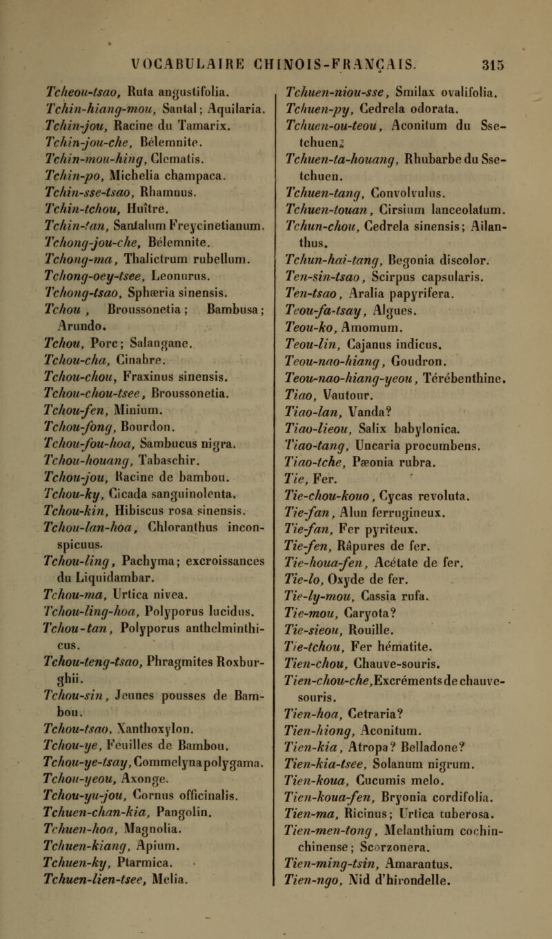 Tckeou-tsao, Ruta angustifolia. Tchin-hiang-mou, Santal; Aquilaria. Tchin-jou, Racine du Tamarix. Tchin-jou-che, Bélemnite. Tckin-mou-hing, Clcmatis. Tchin-po, Michelia champaca. Tchïn-sse-tsao, Rhamuus. Tchin-tchou, Huître. Tchin-fan, Sanialum Freycinetianum. Tchong-jou-che, Bélemnite. Tchong-ma, Thalictrum rubellum. Tchong-oey-tsee, Léon unis. Tchong-tsao, Sphœria sinensis. Tchou y Broussonetia ; Bambusa ; Arundo. Tchou, Porc; Salangane. Tchou-cha, Cinabre. Tchou-chou, Fraxinus sinensis. Tchou-chou-tsee, Broussonetia. Tchou-fen, Minium. Tchou-fong, Bourdon. Tchou-fou-hoa, Sambucus nigra. Tchou-houang, Tabaschir. Tchou-jou, Racine de bambou. Tchou-ky, Cicada sanguinolenta. Tchou-kin, Hibiscus rosa sinensis. Tchou-lan-hoa, Chloranthus incon- spicuus. Tchou-ling, Pachyma; excroissances du Liquidambar. Tchou-ma, Urtica nivea. Tchou-ling-hoa, Polyporus lucidus. Tchou-tan, Polyporus anthelminthi- cus. Tchou-teng-tsao, Phragmites Roxbur- ghii. Tchou-sin, Jeunes pousses de Bam- bou. Tchou-tsao, Xanthoxylon. Tchou-ye, Feuilles de Bambou. Tchou-ye-tsay, Commelynapolygama. Tchou-yeou, Axonge. Tchou-yu-jou, Cornus officinalis. Tchuen-chan-kia, Pangolin. Tchuen-hoa, Magnolia. Tchuen-kiang, Apium. Tchueri-ky, Ptarmica. Tchuen-lien-tsee, Melia. Tchuen-niou-sse, Smilax ovalifolia. Tchuen-py, Cedrela odorata. Tchuen-ou-teou, Aconitum du Sse- tchuen^ Tchuen-ta-houang, Rhubarbe du Sse- tchuen. Tchuen-tang, Convoi vul us. Tchuen-touan, Cirsium lanceolatum. Tchun-chou, Cedrela sinensis; Ailan- thus. Tchun-hai-tang, Bégonia discolor. Ten-ûn-tsao y Scirpus capsularis. Ten-tsao, Aralia papyrifera. Teou~fa-tsay, Algues. Teou-ko, Amomum. Teou-lin, Cajanus indicus. Teou-nao-hiang, Goudron. Teou-nao-hiang-yeou, Térébenthine. Tiao, Vautour. Tiao-lan, Vanda? Tiao-lieou, Salix babylonica. Tiao-tang, Uncaria procumbens. Tiao-tche, Pœonia rubra. Tie, Fer. Tie-chou-kouo, Cycas revoluta. Tie-fan, Alun ferrugineux. Tie-fan, Fer pyriteux. Tie-fen, Râpures de fer. Tie-houa-fen, Acétate de fer. Tie-lo, Oxyde de fer. Tie-ly-mou, Cassia rufa. Tie-mou, Caryota? Tie-sieou, Rouille. Tie-tchou, Fer hématite. Tien-chou, Chauve-souris. Tien-chou-che,Excréments de chauve- souris. Tien-hoa, Cetraria? Tien-hiong, Aconitum. Tien-kia, Atropa? Belladone? Tien-kia-tsee, Solanum nigrum. Tien-koua, Cucumis melo. Tien-koua-fen, Bryonia cordifolia. Tien-ma, Ricinus; Urtica tuberosa. Tien-men-tong, Melanthium cochin- chinense; Scorzonera. Tien-ming-tsin, Amarantus. Tien-ngo, Nid d'hirondelle.