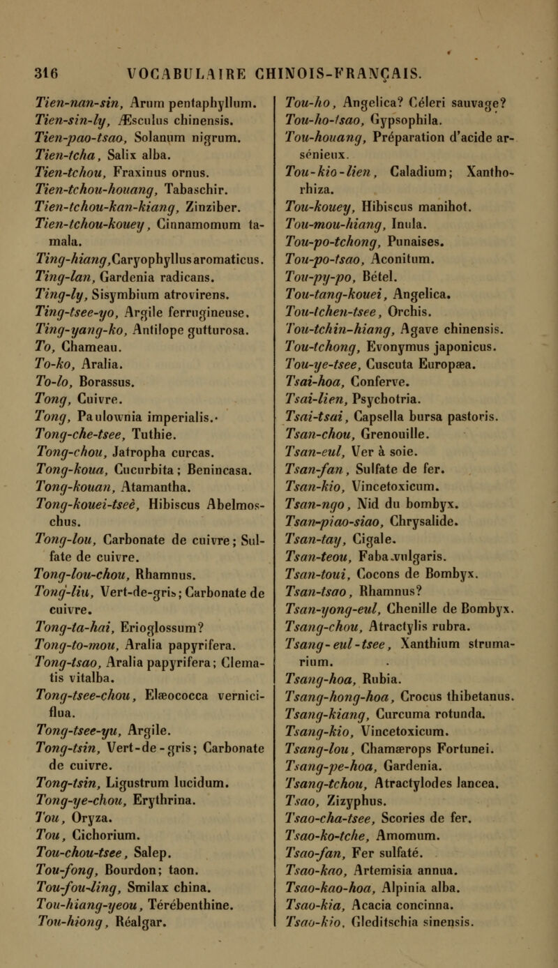 Tien-nan-sin, Arum pentaphyllum. Tien-sin-ly, TEsculus chinensis. Tien-pao-tsao, Solanum nigrum. Tien-tcha, Salix alba. Tien-tchou, Fraxiuus ornus. Tien-tchou-houang, Tabaschir. Tien-tchou-kan-kiang, Zinziber. Tien-tchou-kouey, Cinnamomum ta- mala. Tm^-^iaw^Caryophyllusaromaticus. Ting-lan, Gardénia radicans. Ting-ly, Sisymbium atrovirens. Ting-tsee-yo, Argile ferrugineuse. Ting-yang-ko, Antilope gutturosa. To, Chameau. To-ko, Aralia. To-lo, Borassus. Tong, Cuivre. Tong, Paulownia imperialis.* Tong-che-tsee, Tuthie. Tong-chou, Jatropha curcas. Tong-koua, Cucurbita ; Benincasa. Tong-kouan, Atamantha. Tong-kouei-tseè, Hibiscus Abelmos- chus. Tong-lou, Carbonate de cuivre ; Sul- fate de cuivre. Tong-lou-chou, Rhamnus. Tong-liu, Vert-de-gris ; Carbonate de cuivre. Tong-ta-hai, Erioglossum? Tong-to-mou, Aralia papyrifera. Tong-tsao, Aralia papyrifera; Clema- tis vitalba. Tong-tsee-chou, Elaeococca vernici- flua. Tong-tsee-yu, Argile. Tong-tsin, Vert-de-gris; Carbonate de cuivre. Tong-tsin, Ligustrum lucidum. Tong-ye-chou, Erythrina. Tou, Oryza. Tou, Cichorium. Tou-chou-tsee, Salep. Tou-fong, Bourdon; taon. Tou-fouMng, Smilax china. Tou-hiang-yeou, Térébenthine. Tou-hiong, Réalgar. Tou-ho, Angelica? Céleri sauvage? Tou-ho-lsao, Gypsophila. Tou-houang, Préparation d'acide ar- sénieux. Tou - kio - lien, Caladium ; Xantho- rhiza. Tou-kouey, Hibiscus manihot. Tou-mou-hiang, Inula. Tou-po-tchong, Punaises. Tou-po-tsao, Aconitum. Toit-py-po, Bétel. Tou-tang-kouei, Angelica. Tou-tchen-tsee, Orchis. Tou-tchin-hiang, Agave chinensis. Tou-tchong, Evonymus japonicus. Tou-ye-tsee, Cuscuta Europaea. Tsai-hoa, Conferve. Tsai-lien, Psychotria. Tsai-tsai, Capsella bursa pastoris. Tsan-chou, Grenouille. Tsan-eul, Ver à soie. Tsan-fan, Sulfate de fer. Tsan-kio, Vincetoxicum. Tsan-ngo, Nid du bombyx. Tsan-piao-siao, Chrysalide. Tsan-tay, Cigale. Tsan-teou, Faba.vulgaris. Tsan-toui, Cocons de Bombyx. Tsan-tsao, Rhamnus? Tsan-yong-eul, Chenille de Bombyx. Tsang-chou, Atractylis rubra. Tsang-eul-tsee, Xanthium struma- rium. Tsang-hoa, Rubia. Tsang-hong-hoa, Crocus thibetanus. Tsang-kiang, Curcuma rotunda. Tsang-kio, Vincetoxicum. Tsang-lou, Chamserops Fortunei. Tsang-pe-hoa, Gardénia. Tsang-tchou, Atractylodes lancea. Tsao, Zizyphus. Tsao-cha-tsee, Scories de fer. Tsao-ko-tche, Amomum. Tsao-fan, Fer sulfaté. Tsao-kao, Artemisia annua. Tsao-kao-hoa, Alpinia alba. Tsao-kia, Acacia concinna. Tsao-kio, Gleditschia sinensis.
