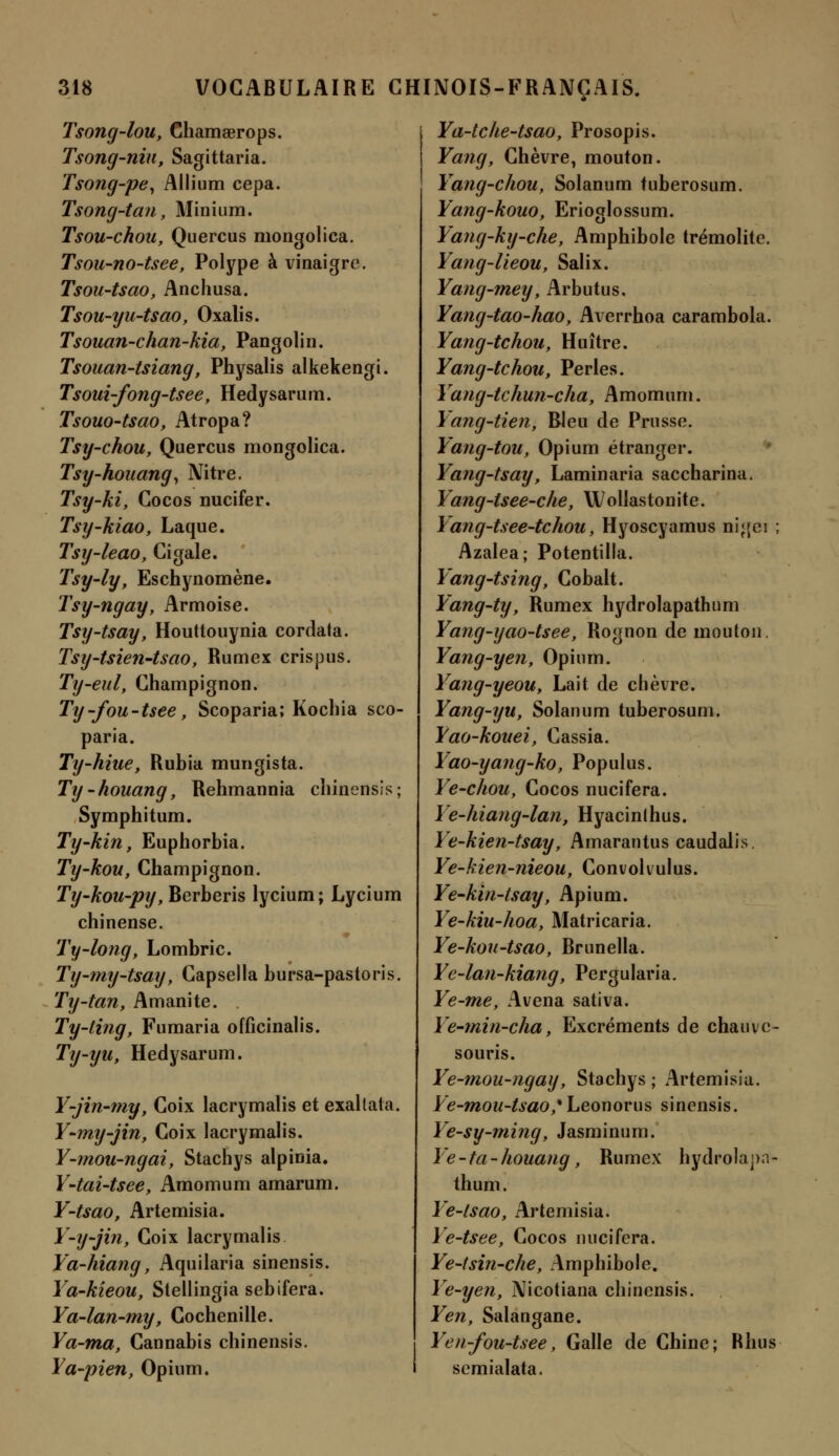 Tsong-lou, Chamaerops. Tsong-niu, Sagittaria. Tsong-pe, Allium cepa. Tsong-tan, Minium. Tsou-chou, Quercus mongolica. Tsou-no-tsee, Polype à vinaigre. Tsou-tsao, Anchusa. Tsou-yu-tsao, Oxalis. Tsouan-chan-kia, Pangolin. Tsouan-tsiang, Physalis alkekengi. Tsoui-fong-tsee, Hedysarum. Tsouo-tsao, Atropa? Tsy-chou, Quercus mongolica. Tsy-houang, Nitre. Tsy-ki, Cocos nucifer. Tsy-kiao, Laque. Tsy-leao, Cigale. Tsy-ly, Eschynomène. Tsy-ngay, Armoise. Tsy-tsay, Houttouynia cordata. Tsy-tsien-tsao, Rumex crispus. Ty-eul, Champignon. Ty-fou-tsee, Scoparia; Kochia sco- paria. Ty-hiue, Rubia mungista. Ty-houang, Rehmannia chinensis; Symphitum. Ty-kin, Euphorbia. Ty-kou, Champignon. Ty-kou-py, Berberis lycium; Lycium chinense. Ty-long, Lombric. Ty-my-tsay, Capsella bursa-pastoris. Ty-tan, Amanite. . Ty-ting, Fumaria officinalis. Ty-yu, Hedysarum. Y-jin-my, Coix lacrymalis et exallata. Y-my-jin, Coix lacrymalis. Y-mou-ngai, Stachys alpinia. Y^tai-tsee, Amomum amarum. Y-tsao, Artemisia. Y-y-jin, Coix lacrymalis Ya-hiang, Aquilaria sinensis. Ya-kieou, Slellingia sebifera. Ya-lan-my, Cochenille. Ya-ma, Cannabis chinensis. Ya-pien, Opium. Ya-tc/te-tsao, Prosopis. Yang, Chèvre, mouton. Yang-chou, Solanum tuberosum. Yang-kouo, Erioglossum. Yang-ky-che, Amphibole trémolite. Yang-lieou, Salix. Yang-mey, Arbutus. Yang-tao-hao, Averrhoa carambola. Yang-tchou, Huître. Yang-tchou, Perles. Yang-tchun-cha, Amomum. Yang-tien, Bleu de Prusse. lang-tou, Opium étranger. Yang-tsay, Laminaria saccharina. Yang-tsee-che, Wollastonite. Yang-tsee-tchou, Hyoscyamus nigei ; Azalea; Potentilla. Yang-tsing, Cobalt. Yang-ty, Rumex hydrolapathum Yang-yao-tsee, Rognon de mouton. Yang-yen, Opium. Yang-yeoUy Lait de chèvre. Yang-yu, Solanum tuberosum. Yao-kouei, Cassia. Yao-yang-ko, Populus. Ye-chou, Cocos nucifera. Ye~hiang-lan, Hyacinthus. Ye-kien-tsay, Amarantus caudalis Ye-kien-nieou, Convolvulus. Ye-kin-tsay, Apium. Ye-kiu-hoa, Matricaria. Ye-kou-tsao, Brunella. Ye-lan-kiang, Pergularia. Ye-me, Avena sativa. Ye-min-cha, Excréments de chauve- souris. Ye-rnou-ngay, Stachys ; Artemisia. Ye-mon-tsao,% Leonorus sinensis. Ye-sy-ming, Jasminum. Ye-ta-houang, Rumex hydrolapa- thum . Ye-lsao, Artemisia. Ye-tsee, Cocos nucifera. Ye-tsin-che, Amphibole. Ye-yen, Nicotiana chinensis. Yen, Salangane. Yen-fou-tsee, Galle de Chine; Rhus semialata.