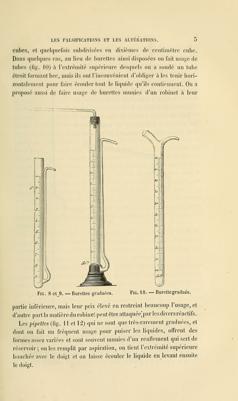 cubes, et quelquefois subdivisées en dixièmes de centimètre cube. Dans quelques cas, au lieu de burettes ainsi disposées on fait usage de tubes (fig-. 10) <à l'extrémité supérieure desquels on a soudé un tube étroit formant bec, mais ils ont l'inconvénient d'obliger cales tenir hori- zontalement pour fîiire écouler tout le liquide qu'ils contiennent. On a proposé aussi de faire usage de burettes munies d'un robinet à leur FiG. 8 et^9, —Burettes graduées. FiG. 10. — Burette graduée. partie inférieure, mais leur prix élevé en restreint beaucoup l'usage, et d'autre part la matière du robinet peut être attaquée;par les divers réactifs. Les iJipeUes (fig. 11 et 1^2) qui ne sont que très-rarement graduées, et dont on fait un fréquent usage pour puiser les liquides, offrent des formes assez variées et sont souvent munies d'un renflement qui sert de réservoir ; on les remplit par aspiration, on tient l'extrémité supérieure bouchée avec le doigt et on laisse écouler le liquide en levant ensuite le doigt.