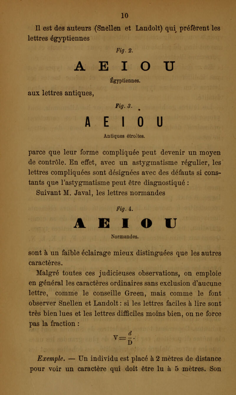 Il est des auteurs (Snellen et Landolt) qui préfèrent les lettres égyptiennes Fig. 2. A E I O U Égyptiennes. aux lettres antiques, Fig. S. A E I 0 U Antiques étroites. parce que leur forme compliquée peut devenir un moyen de contrôle. En effet, avec un astygmatisme régulier, les lettres compliquées sont désignées avec des défauts si cons- tants que l'astygmatisme peut être diagnostiqué : Suivant M. Javal, les lettres normandes Fig. L A E I O U Normandes. sont à un faible éclairage mieux distinguées que les autres caractères. Malgré toutes ces judicieuses observations, on emploie en général les caractères ordinaires sans exclusion d'aucune lettre, comme le conseille Green, mais comme le font observer Snellen et Landolt : si les lettres faciles à lire sont très bien lues et les lettres difficiles moins bien, on ne force pas la fraction : Exemple. — Un individu est placé à 2 mètres de distance pour voir un caractère qui doit être lu à 5 mètres. Son