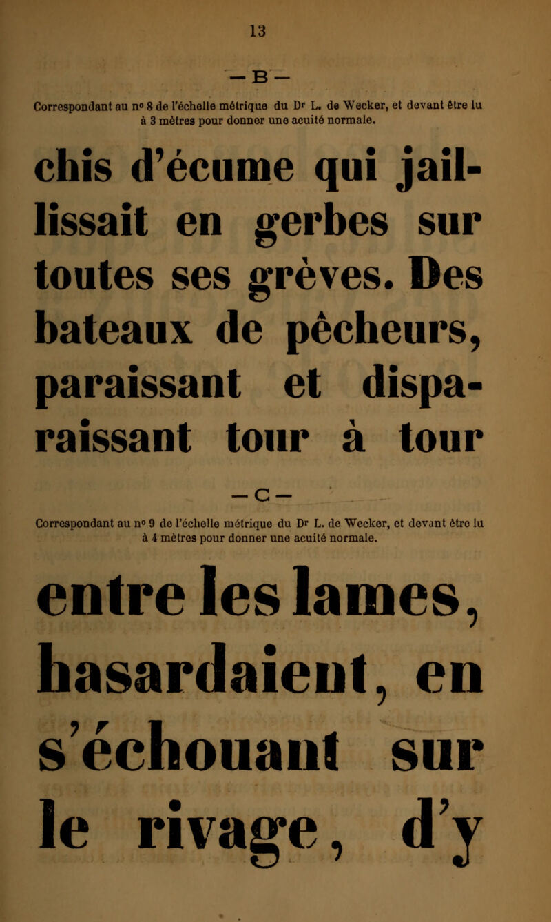 -B- Correspondant au n° 8 de l'échelle métrique du Dr L. de Wecker, et devant être lu à 3 mètres pour donner une acuité normale. chis d'écume qui jail- lissait en gerbes sur toutes ses grèves. Des bateaux de pêcheurs, paraissant et dispa- raissant tour à tour -c- Correspondant au n° 9 de l'échelle métrique du Dr L. de Wecker, et devant être lu à A mètres pour donner une acuité normale. entre les lames, hasardaient, en s échouant sur le rivage, d'y