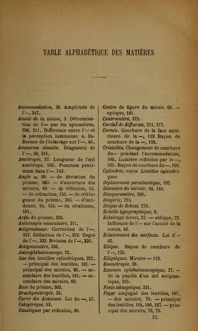 Accommodation, 36. Amplitude de 1'-, 347. Acuité de la vision, 3. Détermina- tion de l'— par les optomètres, 296, 311. Différence entre 1'—et la perception lumineuse, 4. In- fluence de l'éclairage sur 1'—, 46. Amaurose simulée. Diagnostic de 1'—, 58,315. Amétropie, 37. Longueur de l'œil amétrope, 166. Punctum proxi- mum dans 1'—, 343. Angle a, 99. — de déviation du prisme, 303. — d'ouverture des miroirs, 69. — dp réflexion, 55. — de réfraction, 155. — de réfrin- gence du prisme, 303. — d'inci- dence, 54, 155. — du strabisme, 101. Arête du prisme, 303. Aslfiénopie musculaire, 311. Astigmatisme. Correction de 1'—, 337. Définition de 1'-, 329. Degré de 1'—, 333. Division de 1'—, 330. Astigmomètre, 336. Autoophthalmoscope, 22. Axe des lentilles cylindriques, 322. — principal des lentilles, 181. — principal des miroirs, 68. — se- condaire des lentilles, 181. — se- condaire des miroirs, 69. Base du prisme, 303. Brachymétropie, 38. Carré des distances. Loi du —, 42. Catoptrique, 53. Caustiques par réflexion, 80. Centre de figure du miroir, 69. — optique, 181. Centromètre, 323. Cercles de diffusion, 211, 217. Cornée. Courbure de la face anté- rieure de la—, 119. Rayon de courbure de la —, 128. Cristallin. Changement de courbure du— pendant l'accommodation, 106. Lumière réfléchie par le —, 105. Rayon de courbure du—, 109. Cylindres, voyez Lentilles cylindri- ques. Déplacement parallactique, 192. Diamètre du miroir, 68, 146. Diasporamètre, 309. Dioptrie, 225. Disque de Rekoss, 275. Echelle typographique, 8. Eclairage direct, 22. — oblique, 22. Influence de 1'— sur l'acuité de la vision, 46. Eclairement des surfaces. Loi d' — 42. Ellipse. Rayon de courbure de 1-, 125. Elliptiques. Miroirs — 119. Emmétropie, 38. Examen ophthalmoscopique, 27. — de la papille d'un œil astigma- tique, 335. Fente sténopéique, 331. Foyer conjugué des lentilles, 187. — des miroirs, 70. —principal des lentilles, 164,186,187. — prin- cipal des miroirs, 70, 73. 23.