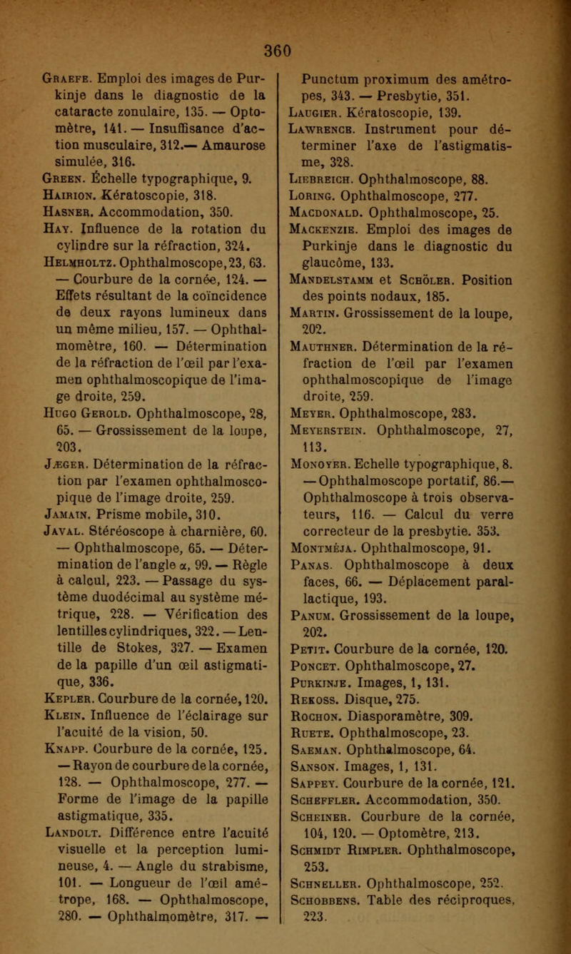 Graefe. Emploi des images de Pur- kinje dans le diagnostic de la cataracte zonulaire, 135. — Opto- mètre, 141. — Insuffisance d'ac- tion musculaire, 312.— Amaurose simulée, 316. Green. Échelle typographique, 9. Hairion. Kératoscopie, 318. Hasner. Accommodation, 350. Hay. Influence de la rotation du cylindre sur la réfraction, 324. Helmholtz. Ophthalmoscope,23, 63. — Courbure de la cornée, 124. — Effets résultant de la coïncidence de deux rayons lumineux dans un même milieu, 157. — Ophthal- momètre, 160. — Détermination de la réfraction de l'œil par l'exa- men ophthalmoscopique de l'ima- ge droite, 259. Hugo Gerold. Ophthalmoscope, 28, 65. — Grossissement de la loupe, 203. J^ger. Détermination de la réfrac- tion par l'examen ophthalmosco- pique de l'image droite, 259. Jamatn. Prisme mobile, 310. Javal. Stéréoscope à charnière, 60. — Ophthalmoscope, 65. — Déter- mination de l'angle a, 99. — Règle à calcul, 223. — Passage du sys- tème duodécimal au système mé- trique, 228. — Vérification des lentilles cylindriques, 322. —Len- tille de IStokes, 327. — Examen de la papille d'un œil astigmati- que, 336. Kepler. Courbure de la cornée, 120. Klein. Influence de l'éclairage sur l'acuité de la vision, 50. Knapp. Courbure de la cornée, 125. — Rayon de courbure de la cornée, 128. — Ophthalmoscope, 277. — Forme de l'image de la papille astigmatique, 335. Landolt. Différence entre l'acuité visuelle et la perception lumi- neuse, 4. — Angle du strabisme, 101. — Longueur de l'œil amé- trope, 168. — Ophthalmoscope, 280. — Ophthalmomètre, 317. — Punctum proximum des amétro- pes, 343. — Presbytie, 351. Laugier. Kératoscopie, 139. Lawrencb. Instrument pour dé- terminer l'axe de l'astigmatis- me, 328. Liebreich. Ophthalmoscope, 88. Loring. Ophthalmoscope, 277. Macdonald. Ophthalmoscope, 25. Mackenzie. Emploi des images de Purkinje dans le diagnostic du glaucome, 133. Mandelstamm et Schôler. Position des points nodaux, 185. Martin. Grossissement de la loupe, 202. Mauthner. Détermination de la ré- fraction de l'œil par l'examen ophthalmoscopique de l'image droite, 259. Meyer. Ophthalmoscope, 283. Meyerstein. Ophthalmoscope, 27, 113. Monoyer. Echelle typographique, 8. — Ophthalmoscope portatif, 86.— Ophthalmoscope à trois observa- teurs, 116. — Calcul du verre correcteur de la presbytie. 353. Montméja. Ophthalmoscope, 91. Panas. Ophthalmoscope à deux faces, 66. — Déplacement paral- lactique, 193. Panum. Grossissement de la loupe, 202. Petit. Courbure de la cornée, 120. Poncet. Ophthalmoscope, 27. Purkinje. Images, 1, 131. Rekoss. Disque, 275. Rochon. Diasporamètre, 309. Ruete. Ophthalmoscope, 23. Saeman. Ophthalmoscope, 64. Sanson. Images, 1, 131. Sappey. Courbure de la cornée, 121. Scheffler. Accommodation, 350. Scheiner. Courbure de la cornée, 104, 120. — Optomètre, 213. Schmidt Rimpler. Ophthalmoscope, 253. Schneller. Ophthalmoscope, 252. Schobbens. Table des réciproques, 223.