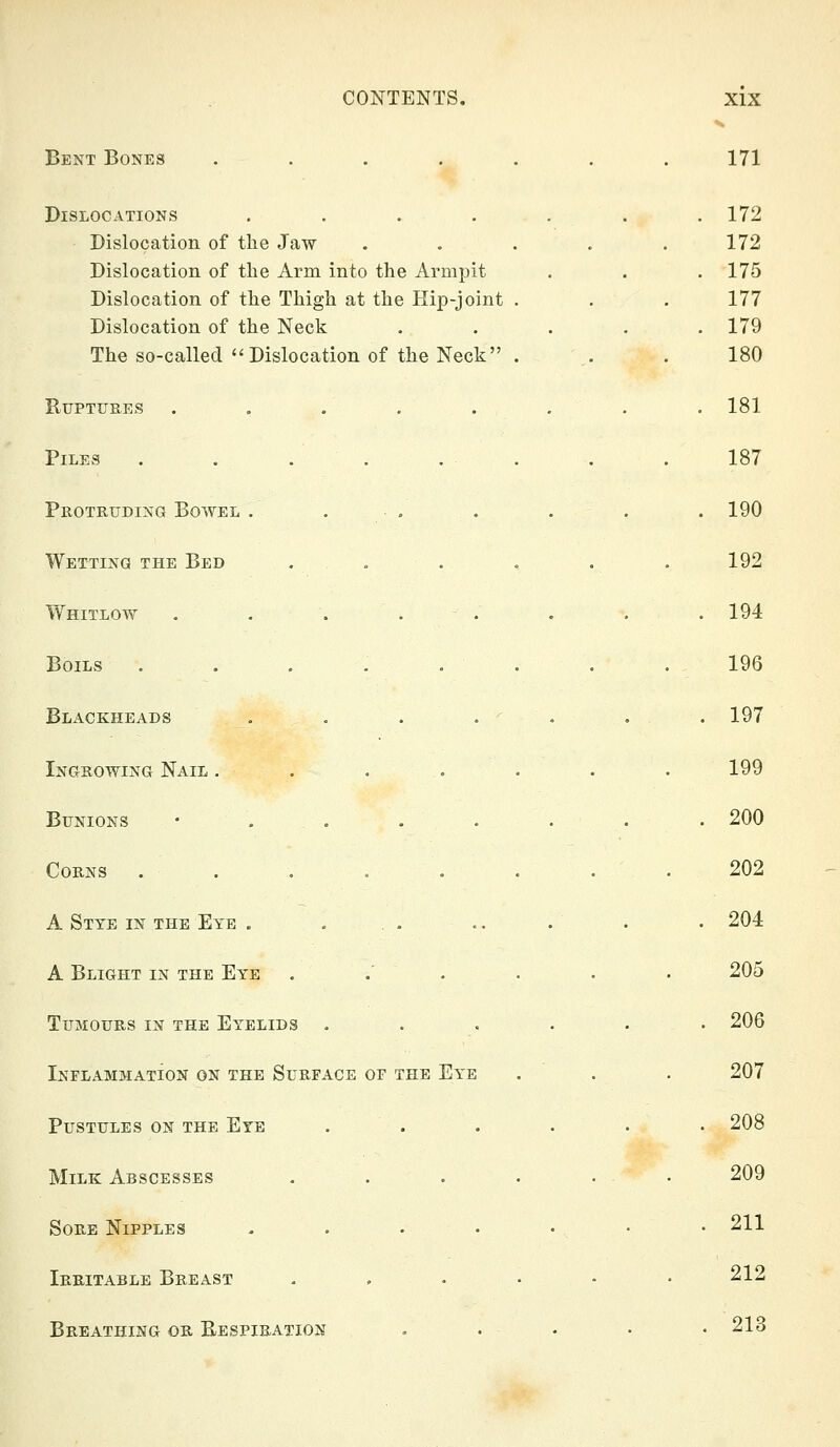 Bent Bones ....... 171 Dislocations ....... 172 Dislocation of the Jaw . . . . .172 Dislocation of the Arm into the Armpit . . . 175 Dislocation of the Thigh at the Hip-joint . . . 177 Dislocation of the Neck ..... 179 The so-called Dislocation of the Neck . . . 180 Ruptures ........ 181 Piles . . . . . . . .187 Protruding Bowel . . . . . . . 190 Wetting the Bed . . . , . .192 Whitlow . . . . . . . . 194 Boils . . . . . . . .196 Blackheads . . . . . . . 197 Ingrowing Nail . . . . . . . 199 Bunions ........ 200 Corns .202 A Stye in the Eye . . . . .. . . • 204 A Blight in the Eye ...... 205 Tumours in the Eyelids ...... 206 Inflammation on the Surface of the Eye . . . 207 Pustules on the Eye ...... 208 Milk Abscesses . . . . . . 209 Sore Nipples ....... 211 Irritable Breast ....-• 212 Breathing or Eespiration . . . . . 213
