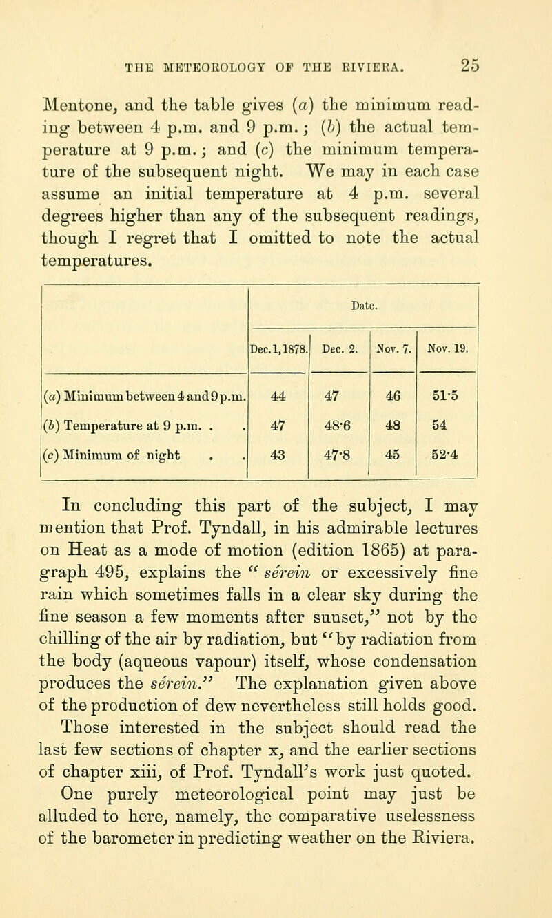 Mentone, and the table gives (a) the minimum read- ing between 4 p.m. and 9 p.m.; [b] the actual tem- perature at 9 p.m.; and (c) the minimum tempera- ture of the subsequent night. We may in each case assume an initial temperature at 4 p.m. several degrees higher than any of the subsequent readings, though I regret that I omitted to note the actual temperatures. Date. Dec. 1,1878. Dec. 2. Nov. 7. Nov. 19. (a) Minimum between4 and9p.ni. (b) Temperature at 9 p.m. . (c) Minimum of night 44 47 43 47 48-6 47-8 46 48 45 51-5 54 52-4 In concluding this part of the subject, I may m ention that Prof. Tyndall, in his admirable lectures on Heat as a mode of motion (edition 1865) at para- graph 495, explains the  serein or excessively fine rain which sometimes falls in a clear sky during the fine season a few moments after sunset/' not by the chilling of the air by radiation, but by radiation fi^om the body (aqueous vapour) itself, whose condensation produces the serein. The explanation given above of the production of dew nevertheless still holds good. Those interested in the subject should read the last few sections of chapter x, and the earlier sections of chapter xiii, of Prof. TyndalFs work just quoted. One purely meteorological point may just be alluded to here, namely, the comparative uselessness of the barometer in predicting weather on the Riviera.