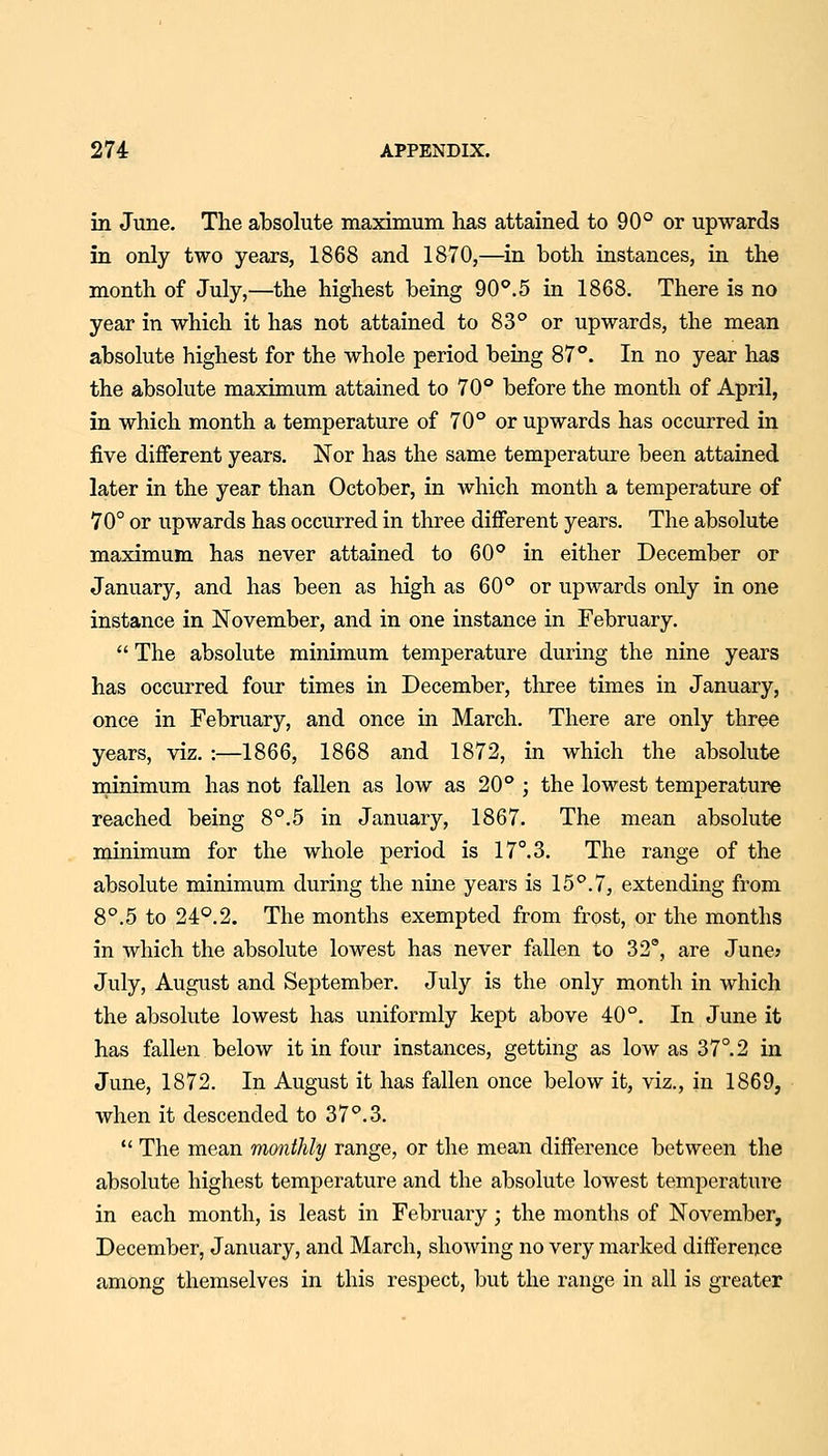 in June, The absolute maxinium has attained to 90° or upwards in only two years, 1868 and 1870,—^in both instances, in the month of July,—the highest being 90^.5 in 1868. There is no year in which it has not attained to 83° or upwards, the mean absolute highest for the whole period being 87°. In no year has the absolute maximum attained to 70° before the month of April, in which month a temperature of 70° or upwards has occurred in five different years, Nor has the same temperature been attained later in the year than October, in which month a temperature of 70° or upwards has occurred in three different years. The absolute maximum has never attained to 60° in either December or January, and has been as high as 60° or upwards only in one instance in November, and in one instance in February.  The absolute minimum temperature during the nine years has occurred four times in December, three times in January, once in February, and once in March, There are only three years, viz. :—1866, 1868 and 1872, in which the absolute minimum has not fallen as low as 20° ; the lowest temperature reached being 8°.5 in January, 1867. The mean absolute minimum for the whole period is 17°. 3. The range of the absolute minimum during the nine years is 15°.7, extending from 8°.5 to 24°.2. The months exempted from frost, or the months in which the absolute lowest has never fallen to 32°, are June? July, August and September. July is the only month in which the absolute lowest has uniformly kept above 40°, In June it has fallen below it in four instances, getting as low as 37°. 2 in June, 1872. In August it has fallen once below it, viz., in 1869, when it descended to 37°.3.  The mean mmithly range, or the mean difference between the absolute highest temperature and the absolute lowest temperature in each month, is least in February ; the months of November, December, January, and March, showing no very marked difference among themselves in this respect, but the range in all is greater